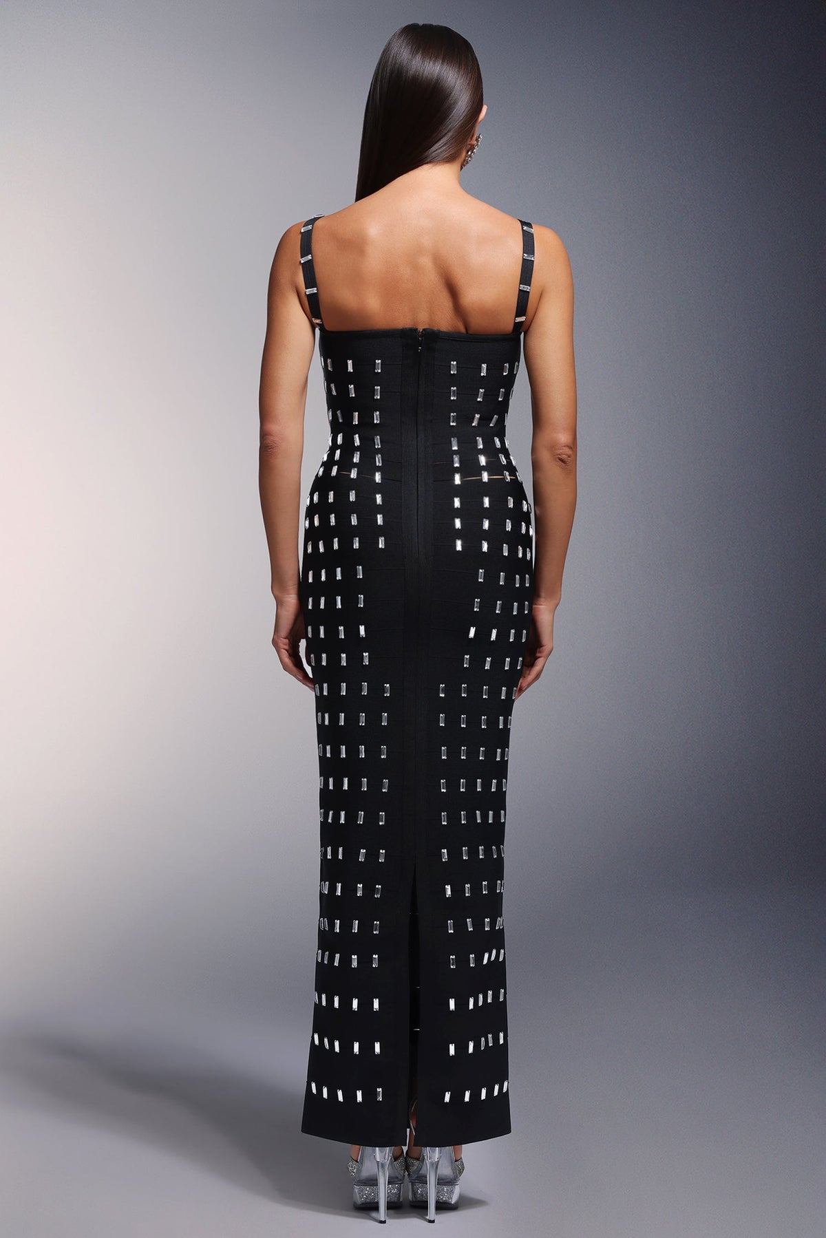 Rhinestone Grid Square Neck Cut Out Waist Bandage Maxi Dress - View 6