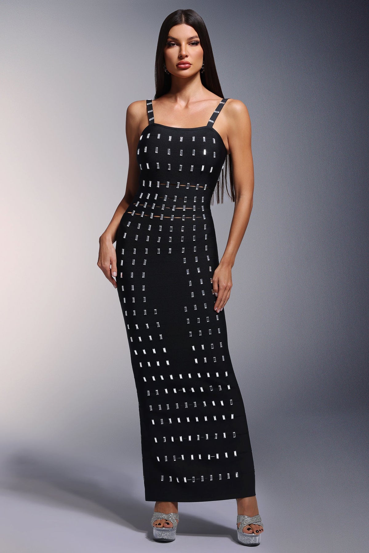 Rhinestone Grid Square Neck Cut Out Waist Bandage Maxi Dress