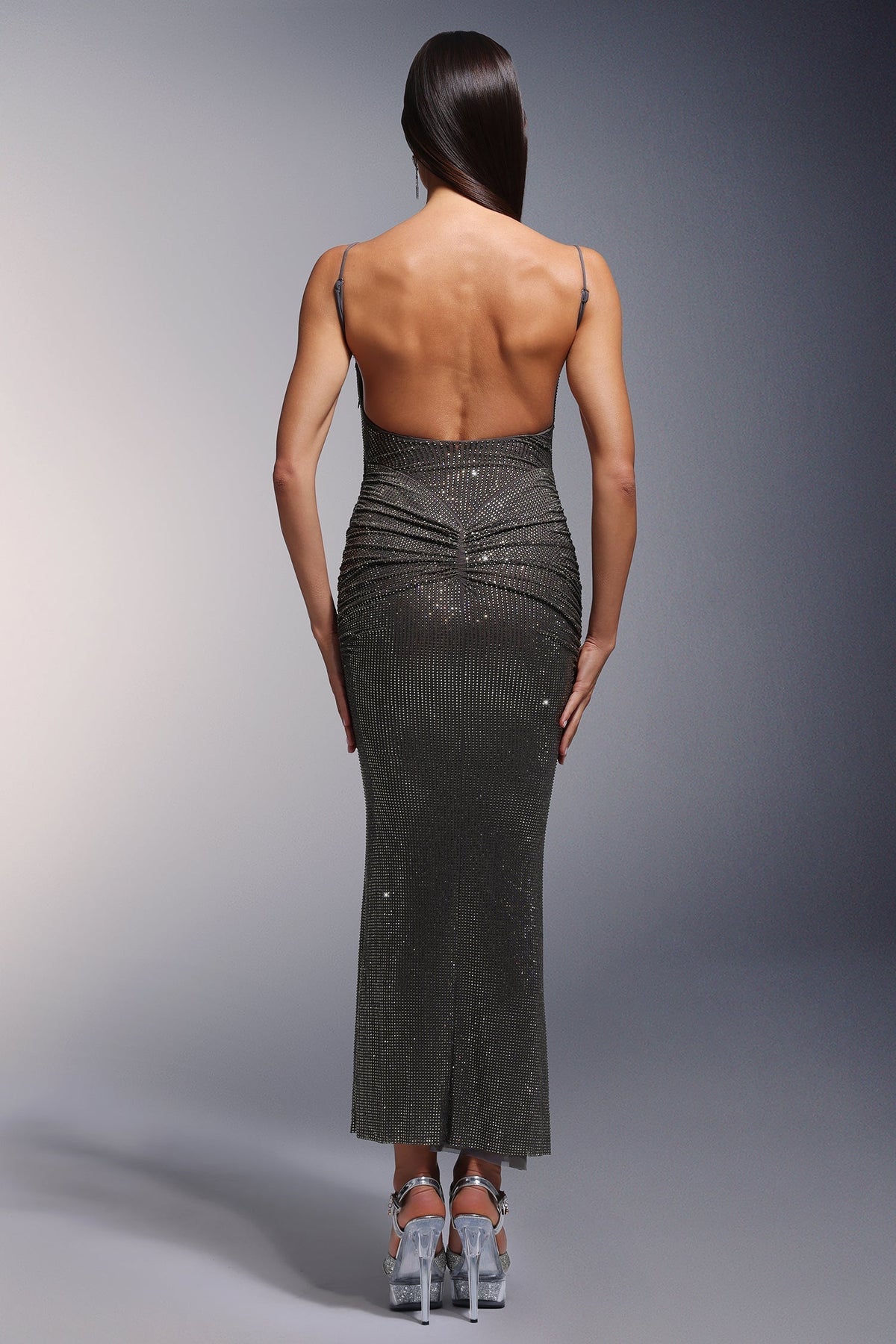 Crystal Grid Mesh Spaghetti Strap Square Neck Bodycon Maxi Dress - View 6