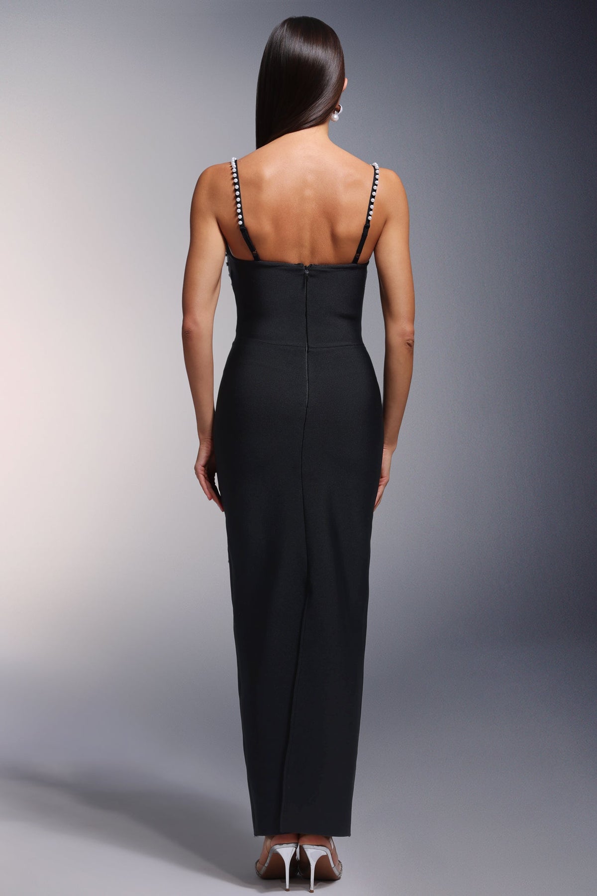 Spaghetti Strap Sweetheart Pearl Rhinestone Bandage Bodycon Maxi Dress - View 6