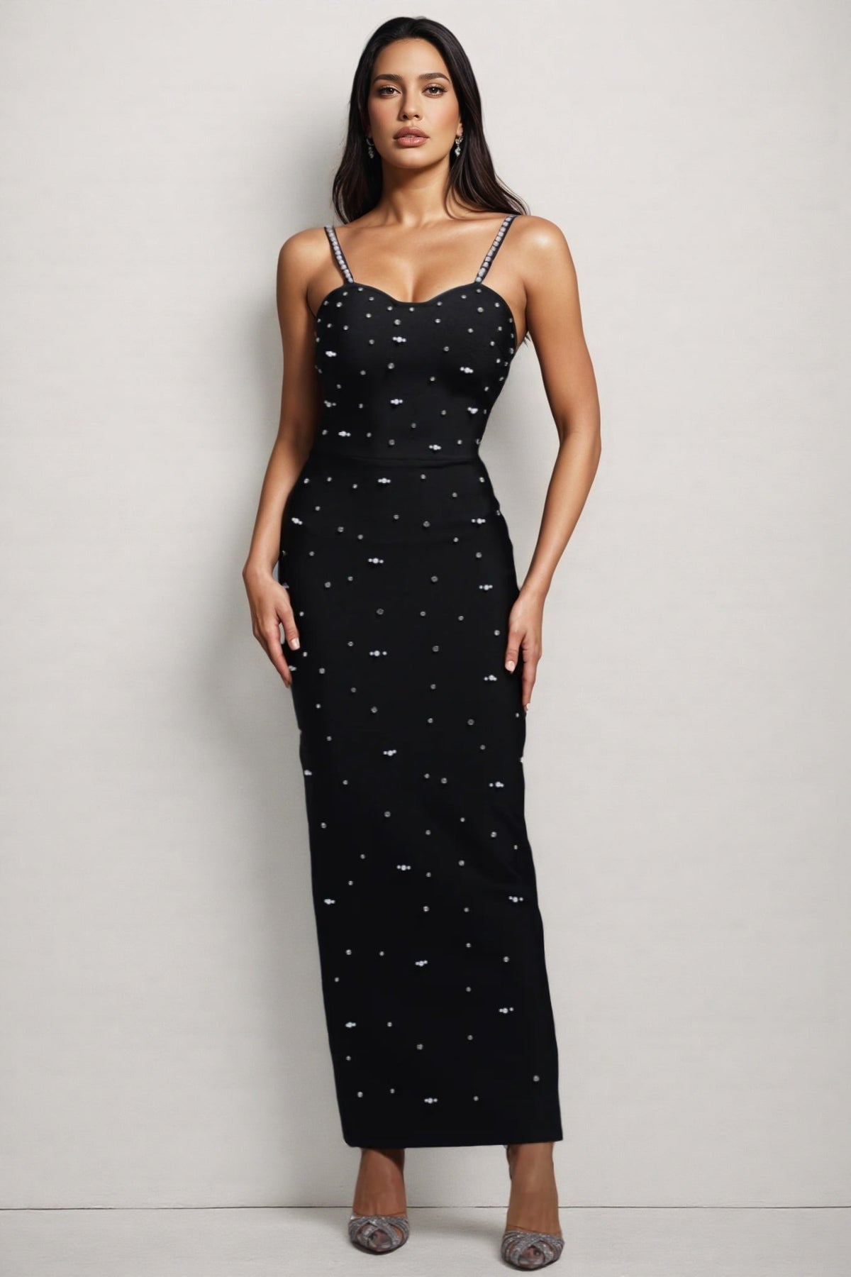 Rhinestone Beaded Spaghetti Strap Sweetheart Neck Bodycon Maxi Gown