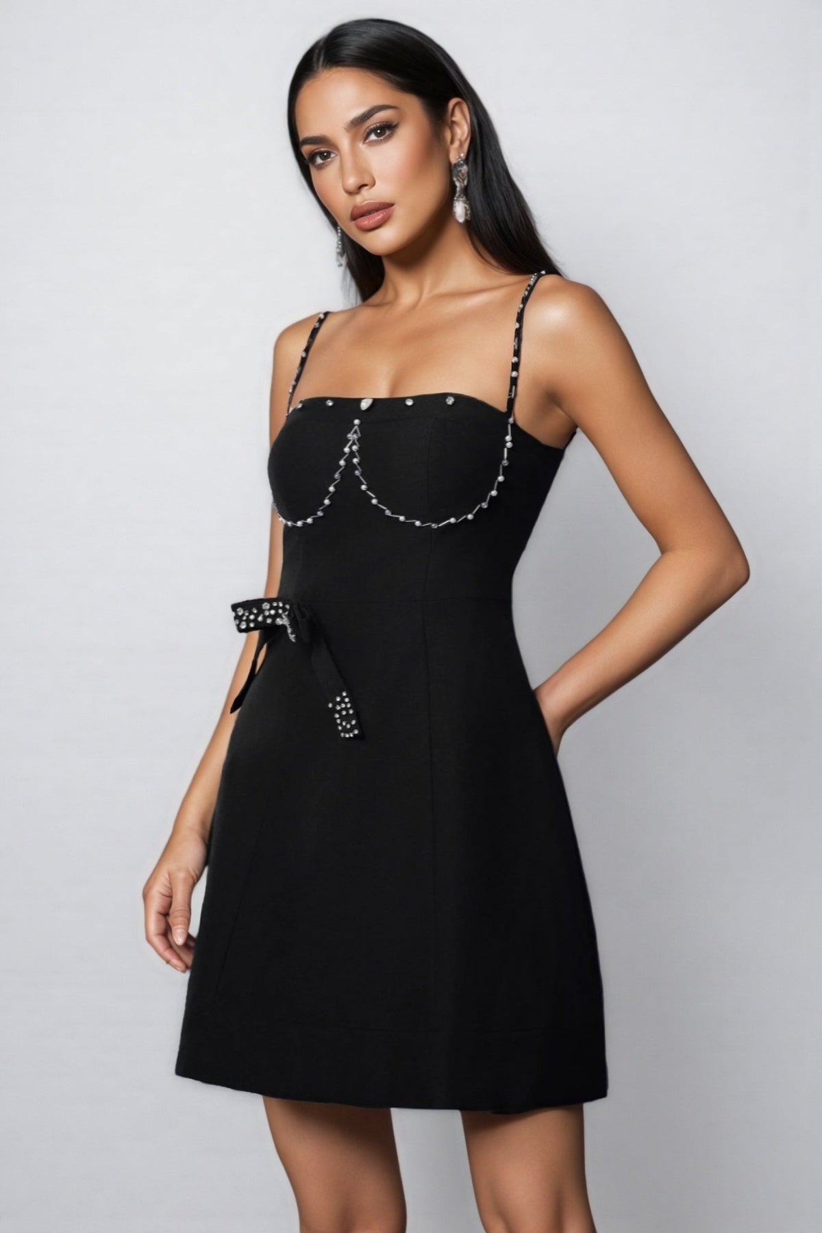Pearl Embellished Spaghetti Strap Square Neck A-Line Mini Dress - View 4