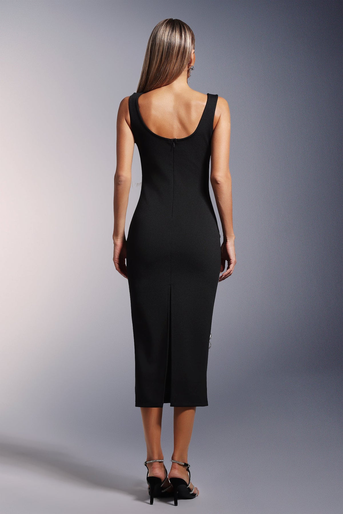 Bandage Scoop Neck Rhinestone Flower Bodycon Midi Dress - View 6