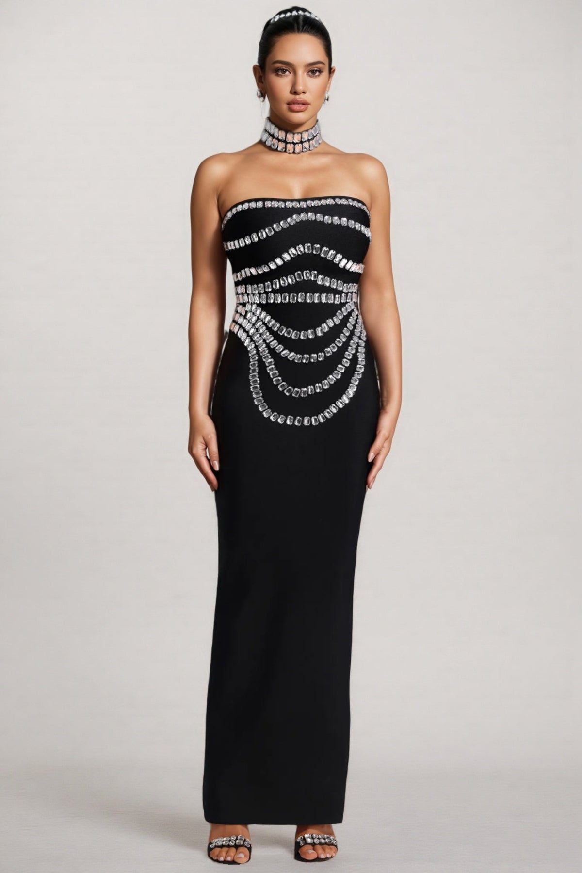 Crystal Swag Draped Strapless Bandage Bodycon Maxi Gown - View 4