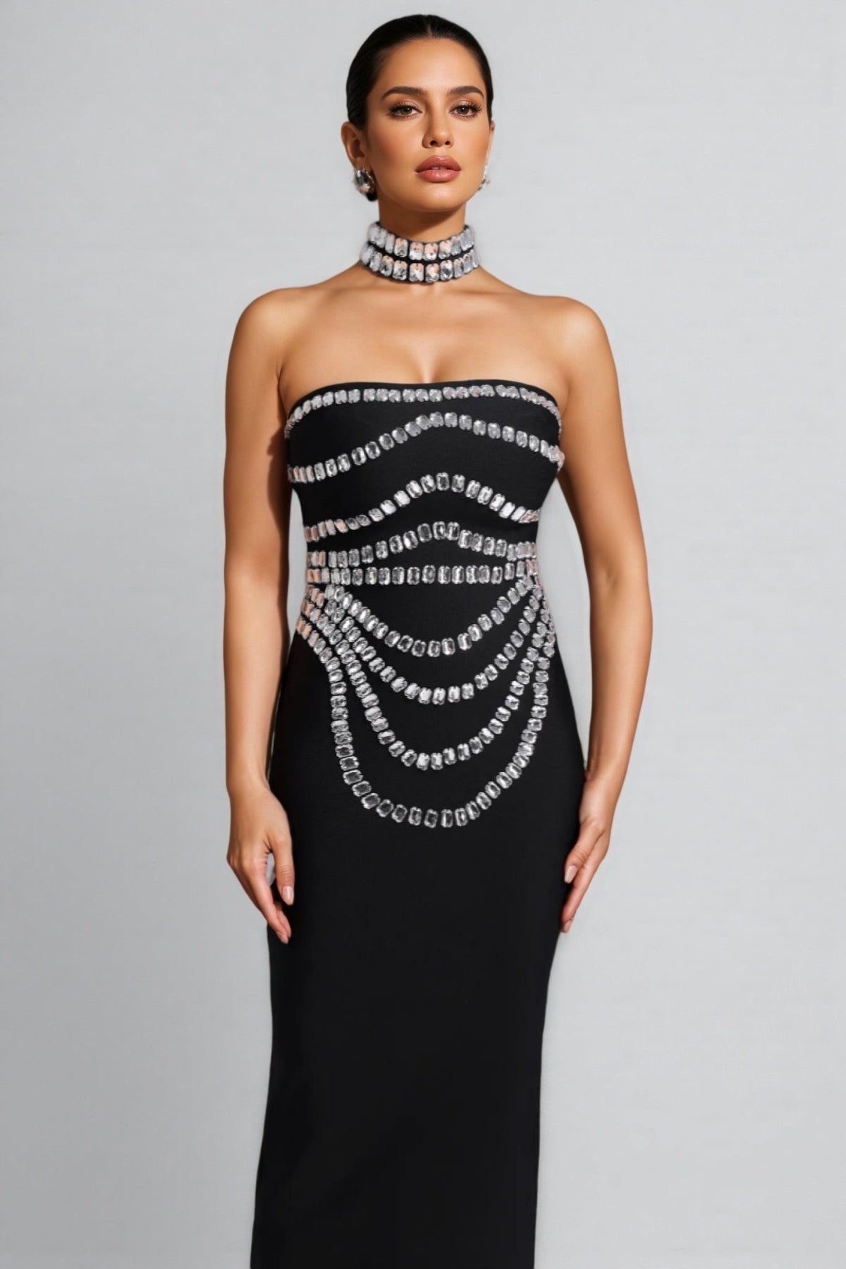 Crystal Swag Draped Strapless Bandage Bodycon Maxi Gown - View 2