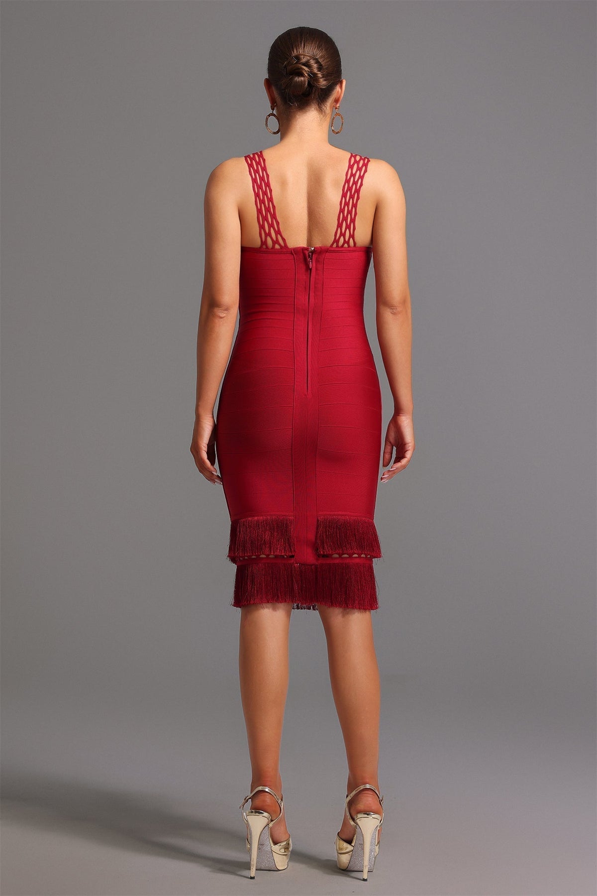 Bandage Deep V-Neck Lattice Strap Fringe Hem Midi Dress - View 6