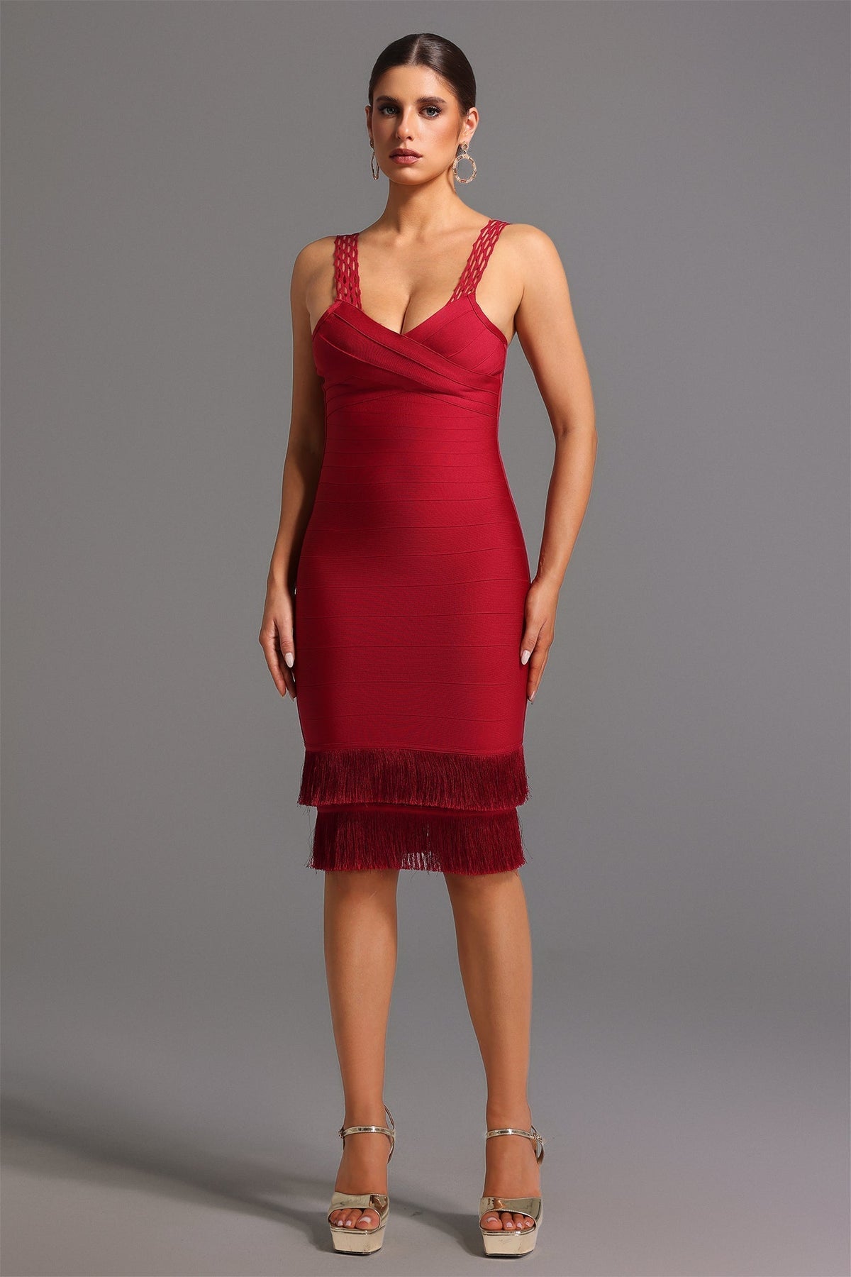 Bandage Deep V-Neck Lattice Strap Fringe Hem Midi Dress - View 2
