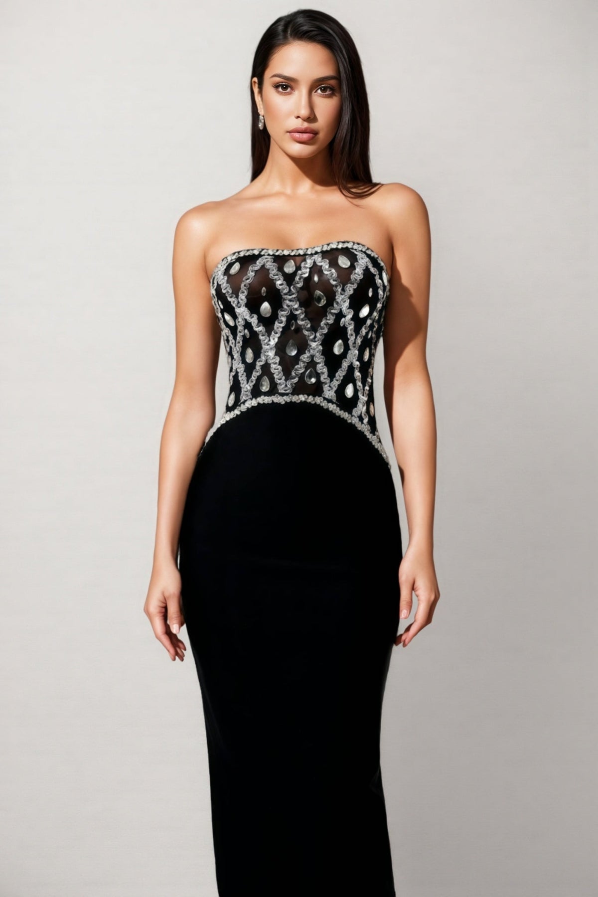 Crystal Lattice Mesh Strapless Scalloped Bodice Column Maxi Gown - View 3