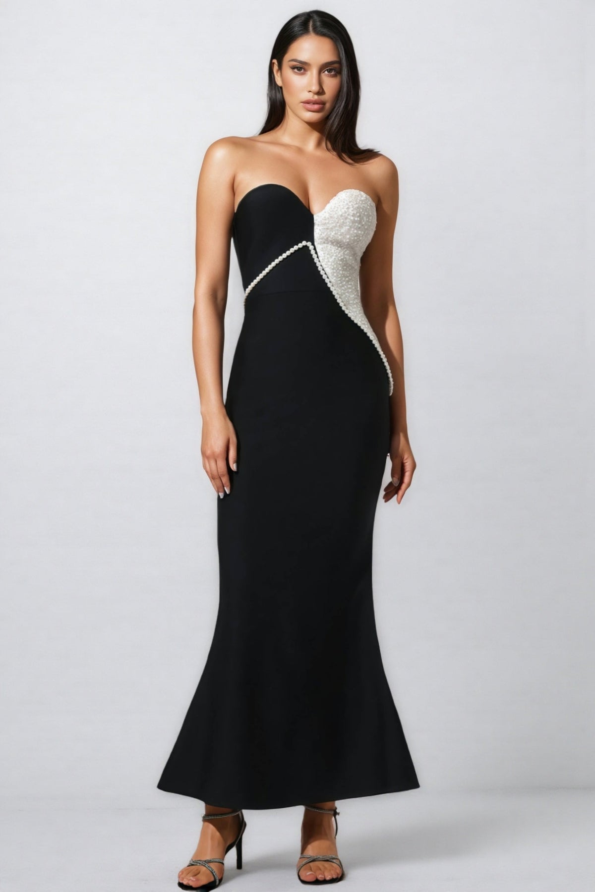Strapless Sweetheart Pearl Trim Asymmetric Mermaid Maxi Gown - View 2