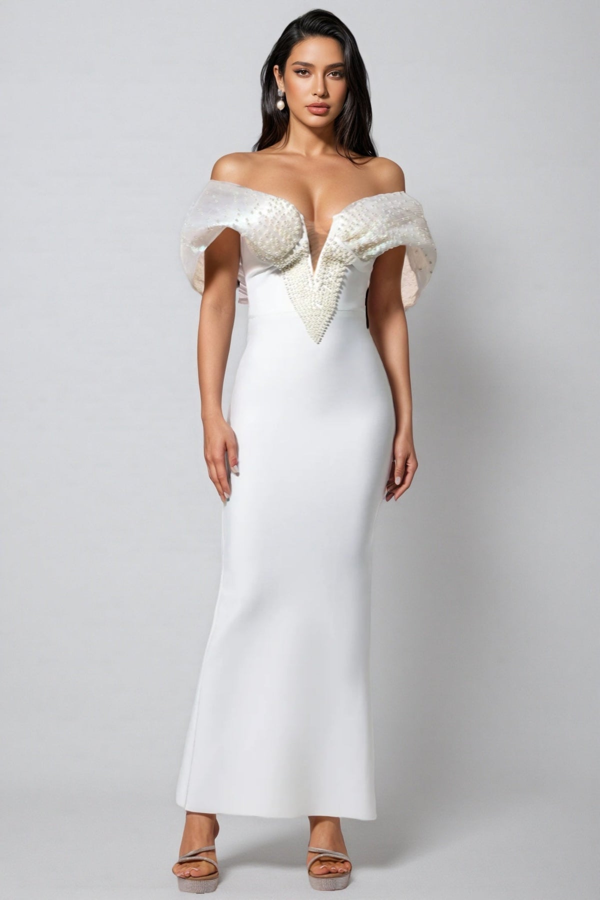 Pearl Embellished Off Shoulder Cape Sleeve Deep V-Neck Maxi Gown