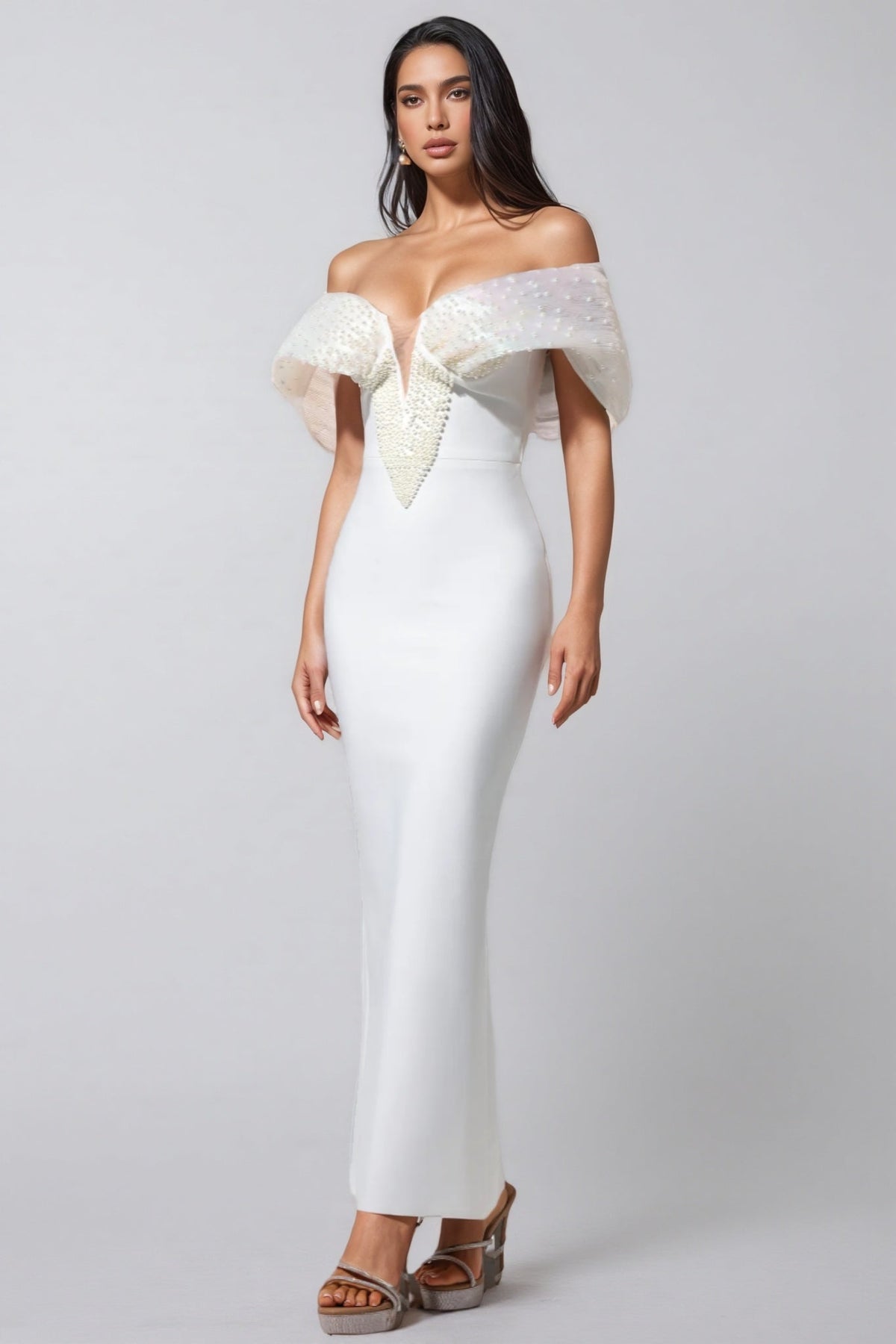 Pearl Embellished Off Shoulder Cape Sleeve Deep V-Neck Maxi Gown - View 2