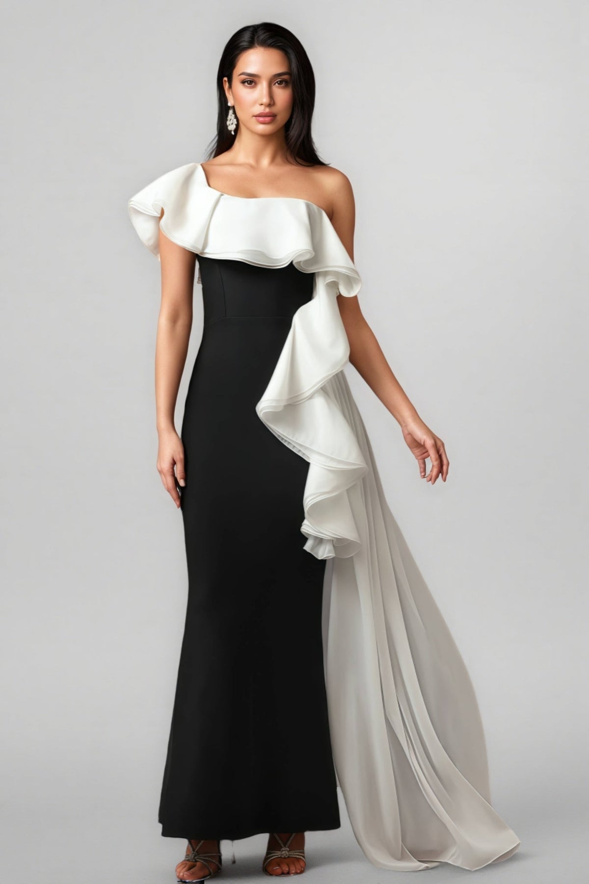 One Shoulder Oversized Ruffle Mermaid Bandage Sheer Train Maxi Gown