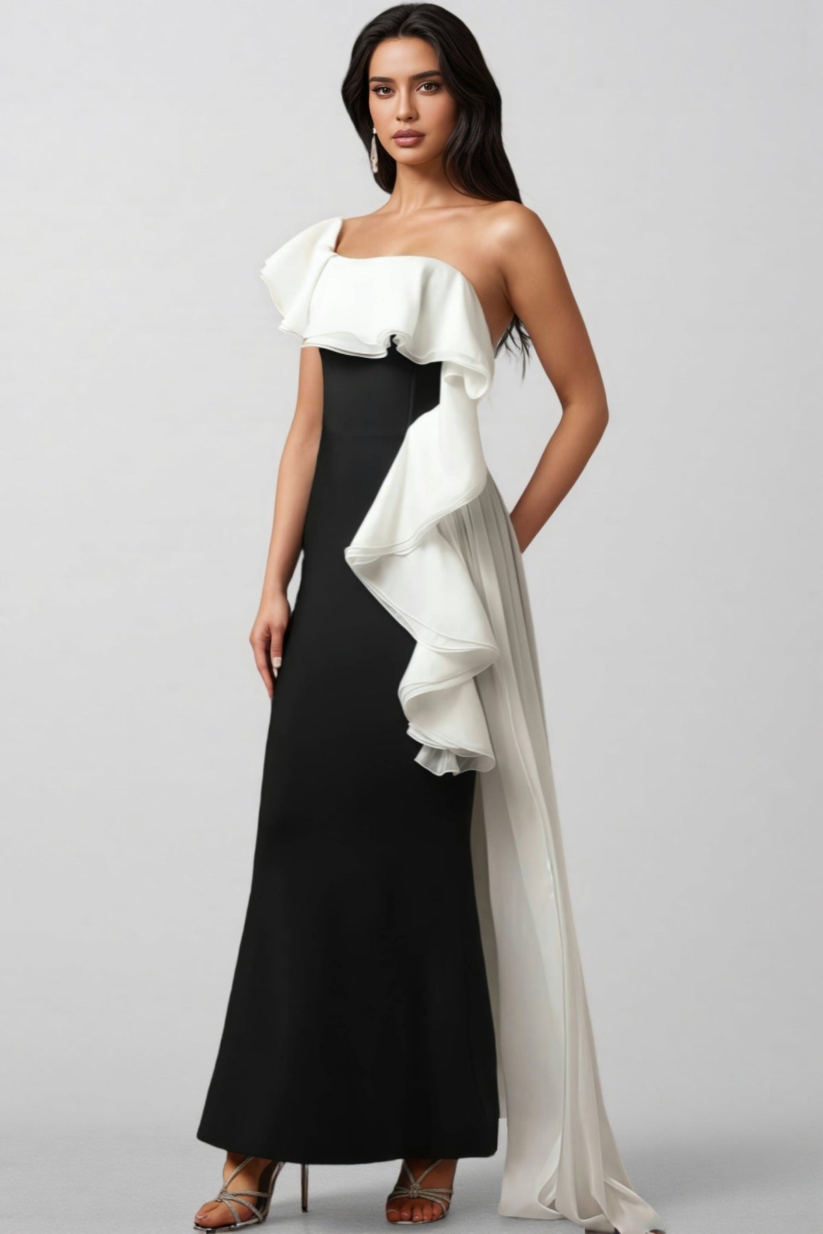 One Shoulder Oversized Ruffle Mermaid Bandage Sheer Train Maxi Gown - View 2