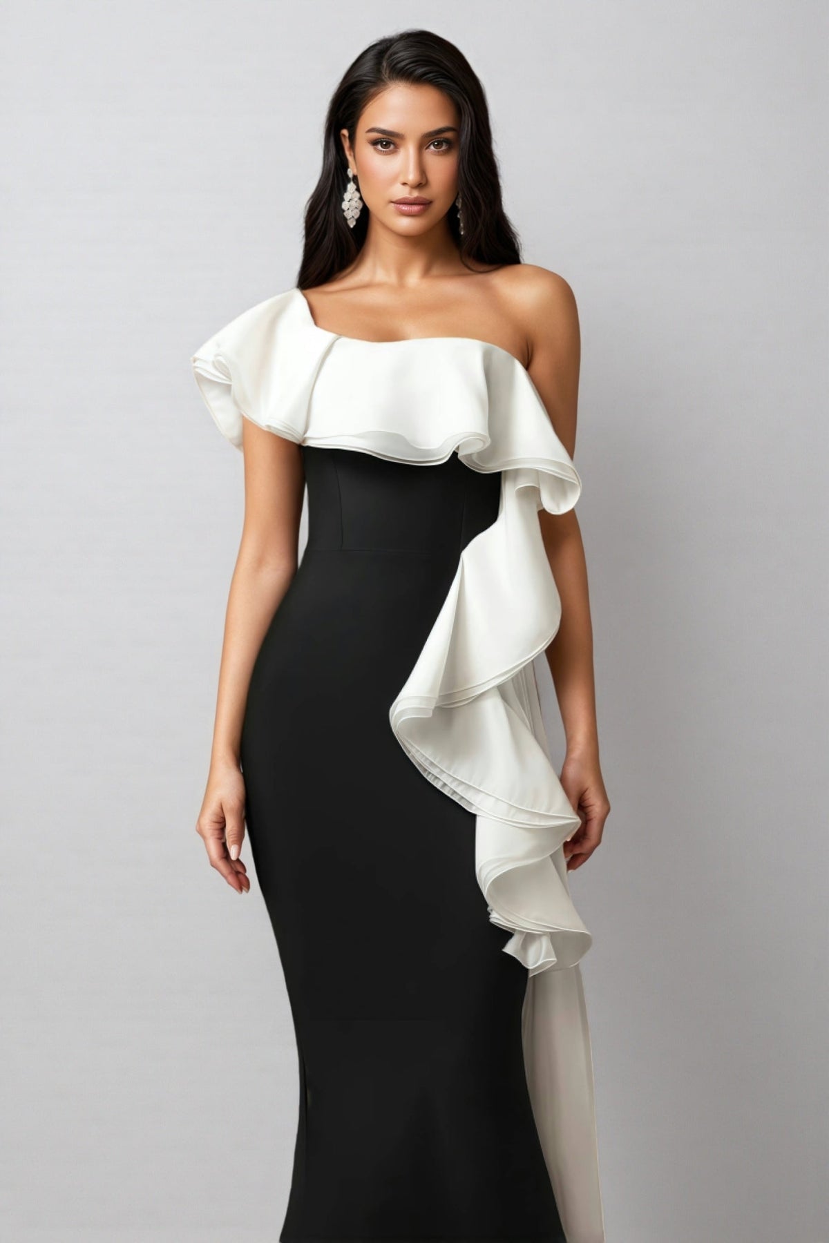 One Shoulder Oversized Ruffle Mermaid Bandage Sheer Train Maxi Gown - View 5