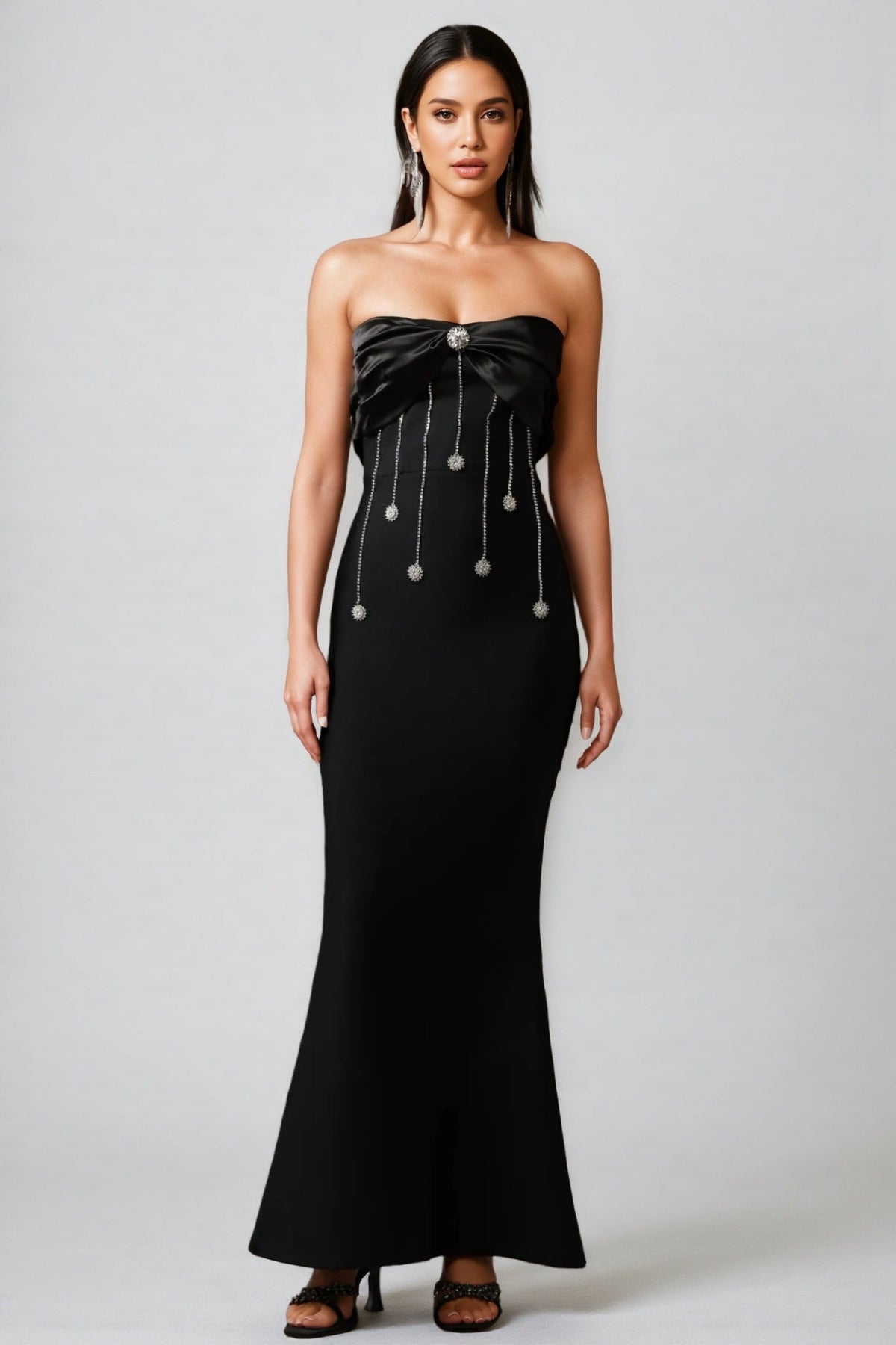 Rhinestone Bow Chain Fringe Strapless Bandage Mermaid Maxi Gown