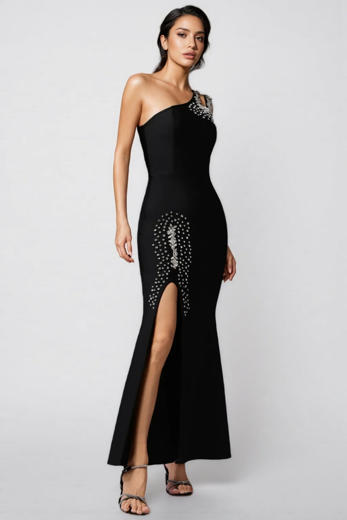 One Shoulder Cut Out Rhinestone Hip Embellished Mermaid Maxi Gown - View 3