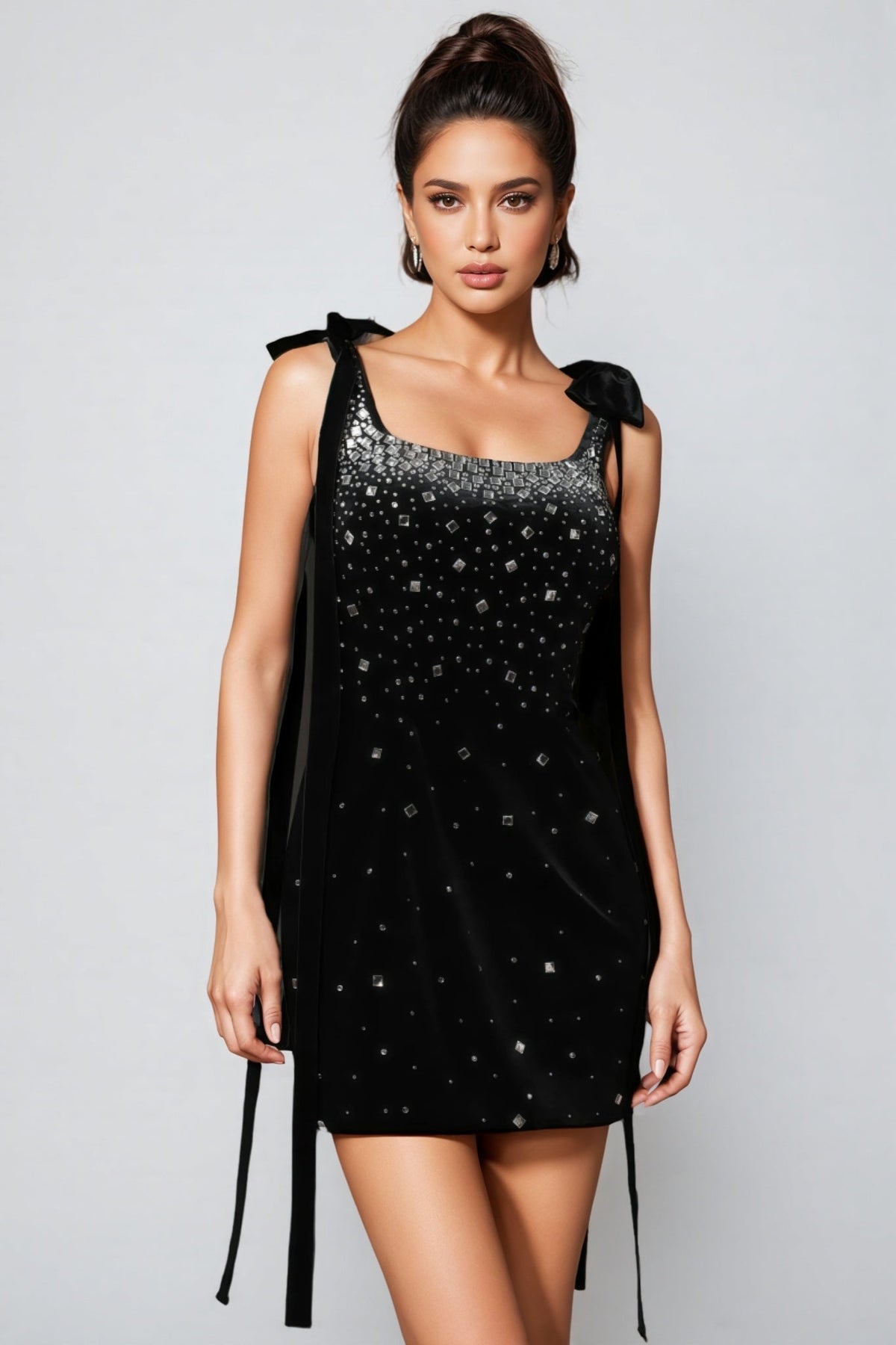 Velvet Square Neck Bow Strap Crystal Gradient Bodycon Mini Dress - View 3
