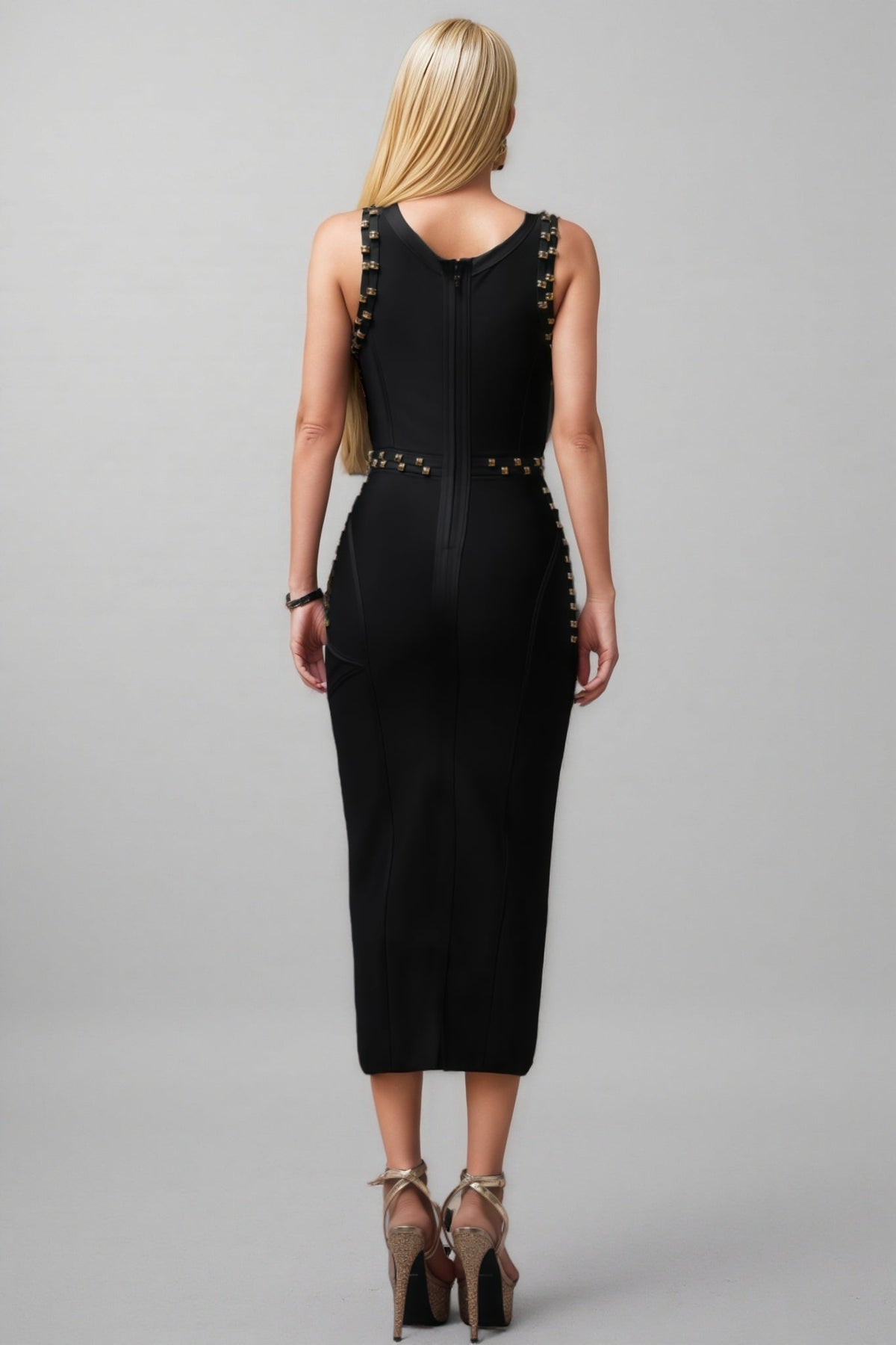 Metallic Stud Crew Neck Vertical Panel Waist Bodycon Midi Dress - View 5