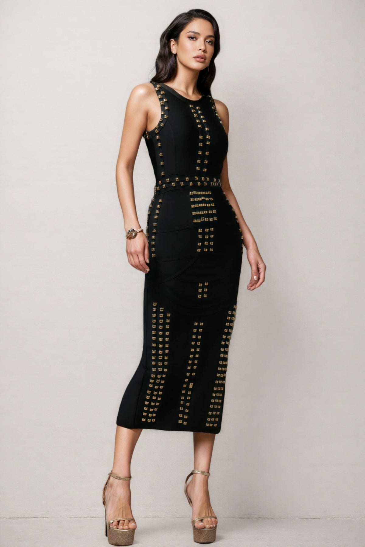 Metallic Stud Crew Neck Vertical Panel Waist Bodycon Midi Dress - View 2
