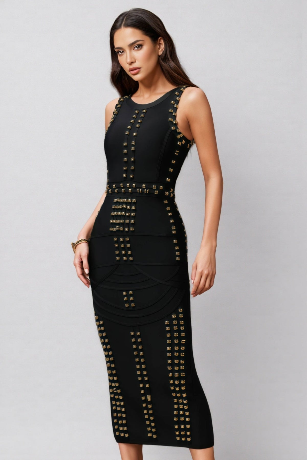Metallic Stud Crew Neck Vertical Panel Waist Bodycon Midi Dress - View 3