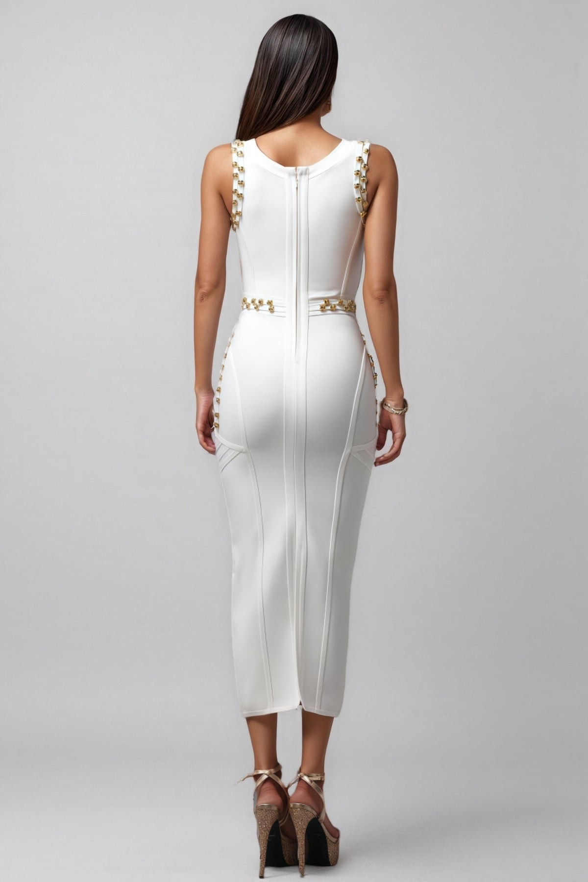 Metallic Stud Crew Neck Multi Row Waist Belt Bodycon Midi Dress - View 5
