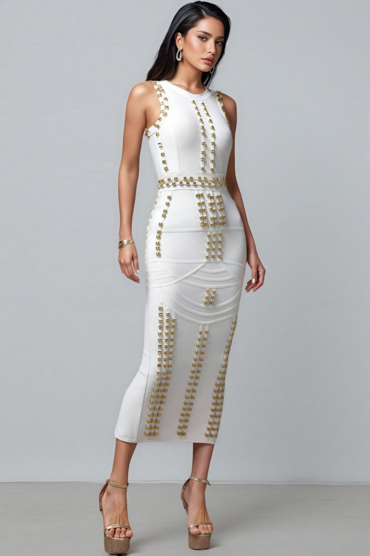 Metallic Stud Crew Neck Multi Row Waist Belt Bodycon Midi Dress - View 2
