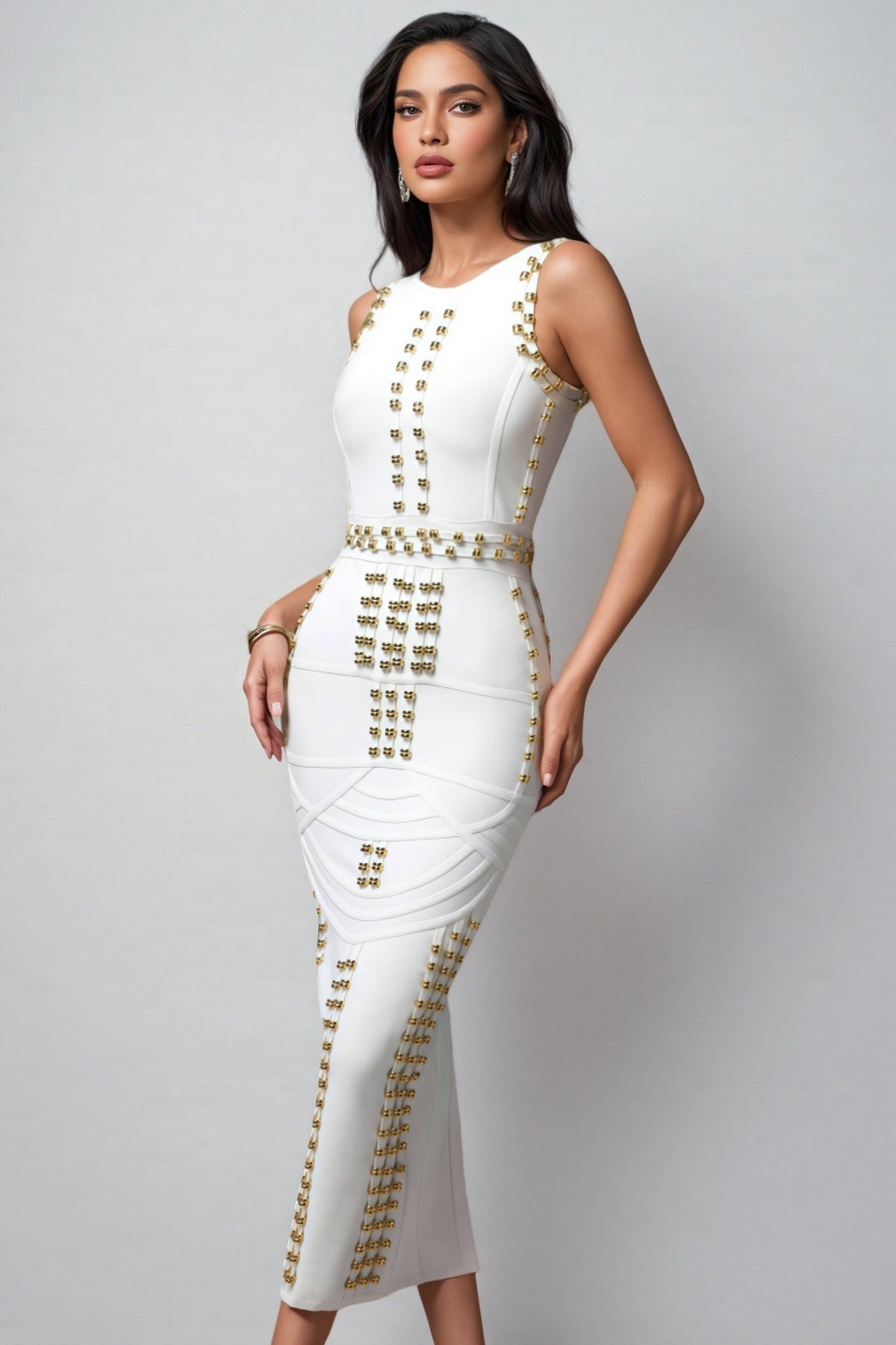 Metallic Stud Crew Neck Multi Row Waist Belt Bodycon Midi Dress - View 4
