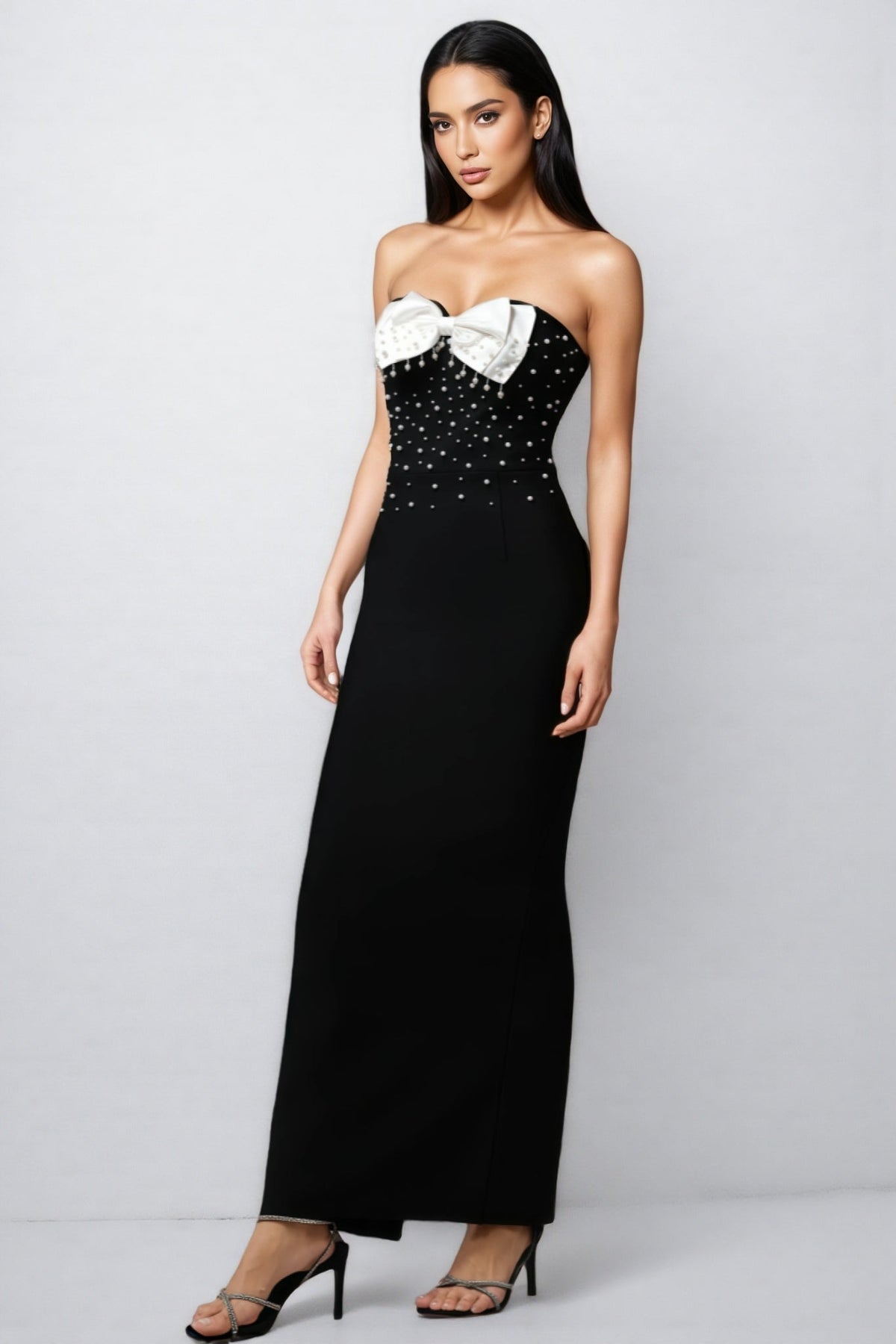 Strapless Pearl Embellished Bow Bust Bandage Maxi Gown - View 2