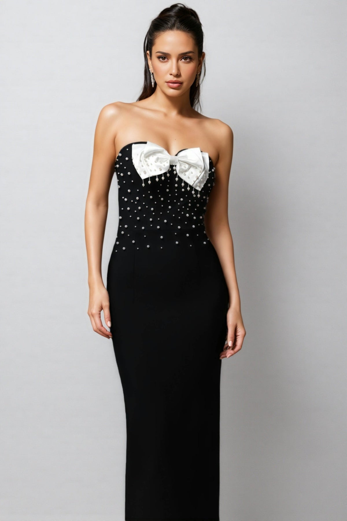 Strapless Pearl Embellished Bow Bust Bandage Maxi Gown - View 4