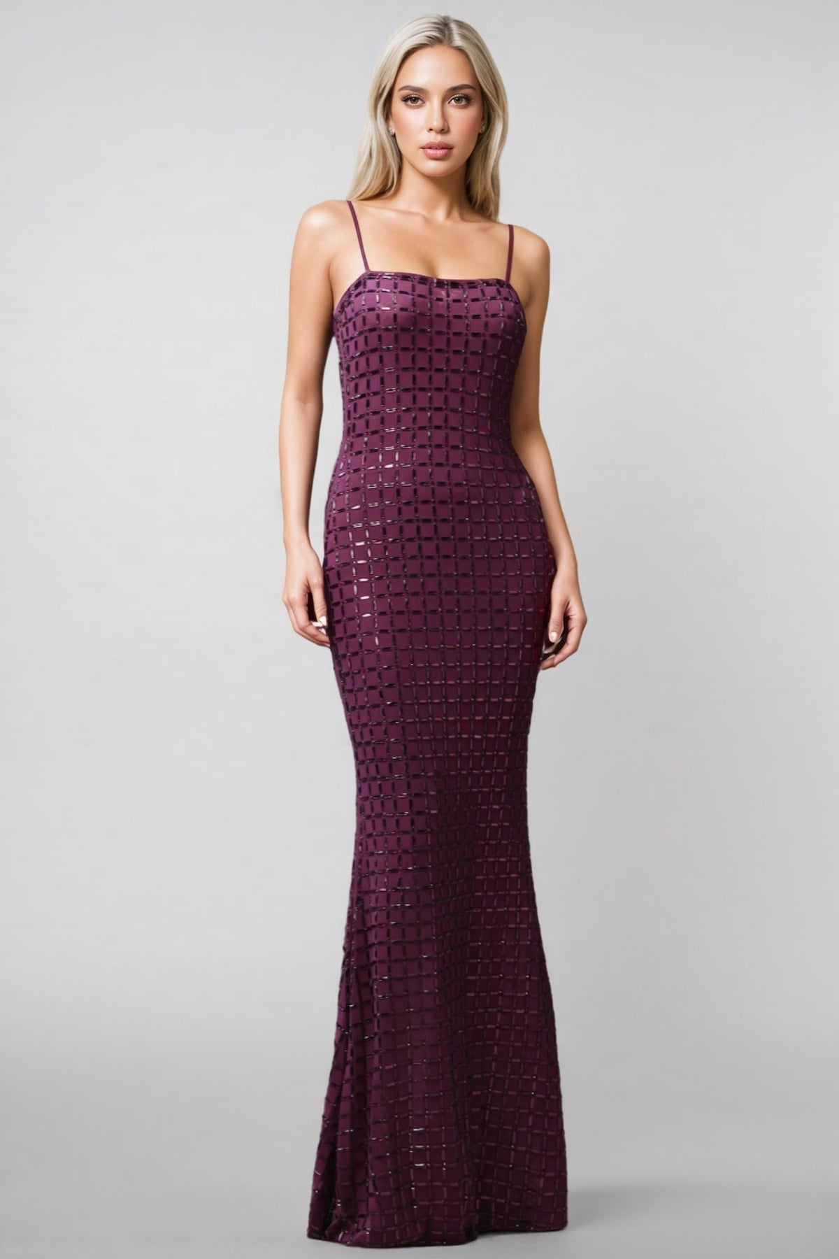 Sequin Grid Spaghetti Strap Square Neck High Split Maxi Gown - View 4