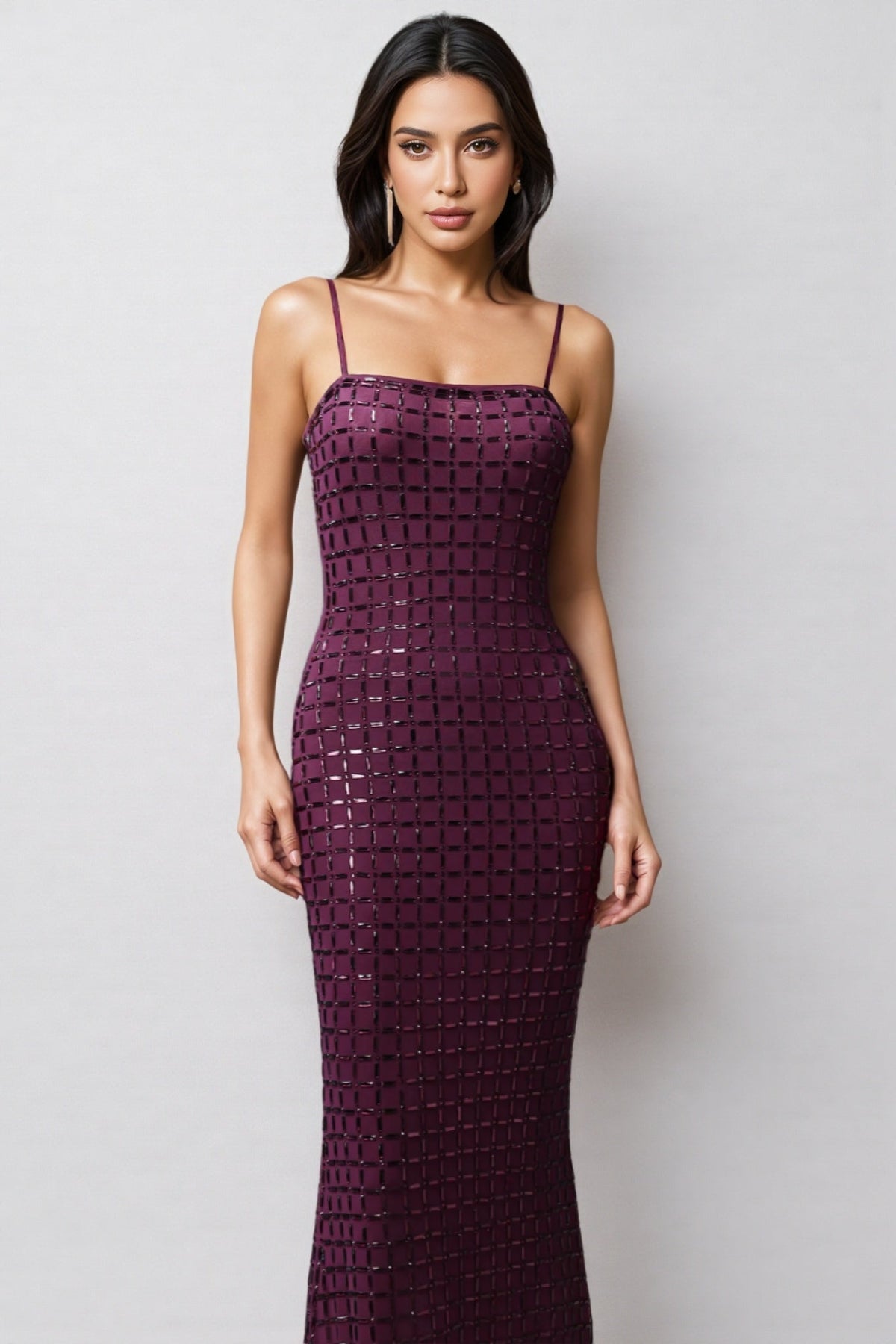 Sequin Grid Spaghetti Strap Square Neck High Split Maxi Gown - View 2