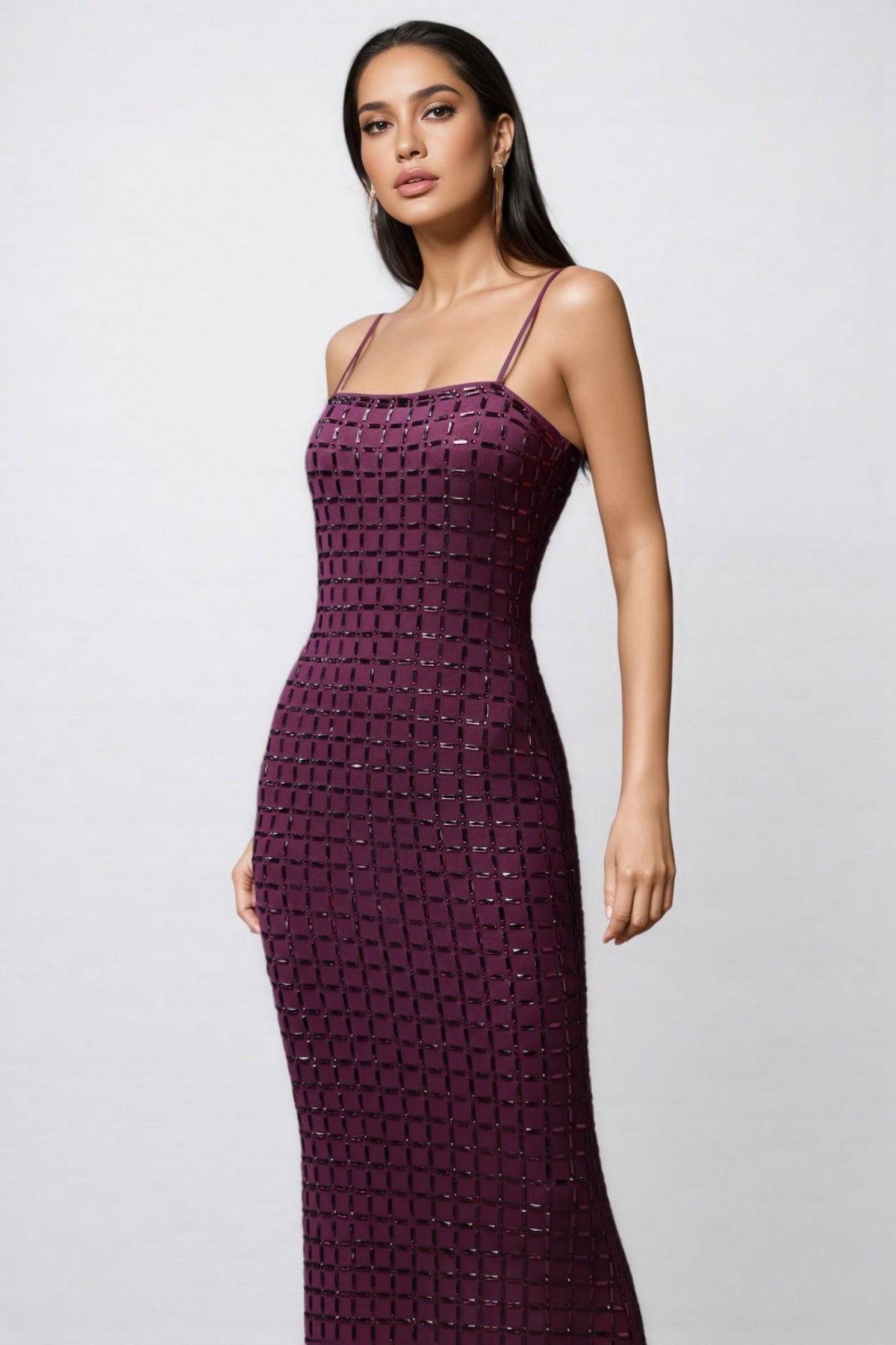 Sequin Grid Spaghetti Strap Square Neck High Split Maxi Gown - View 3