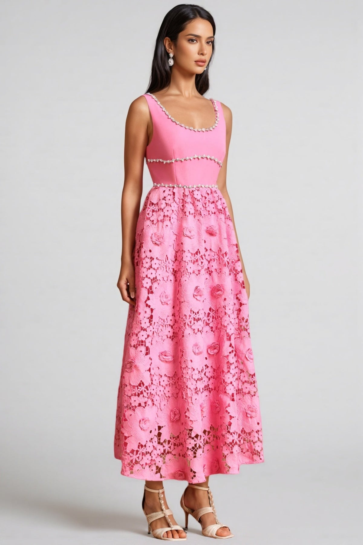 Okama Square Collar Diamond Lace Maxi Dress - View 2