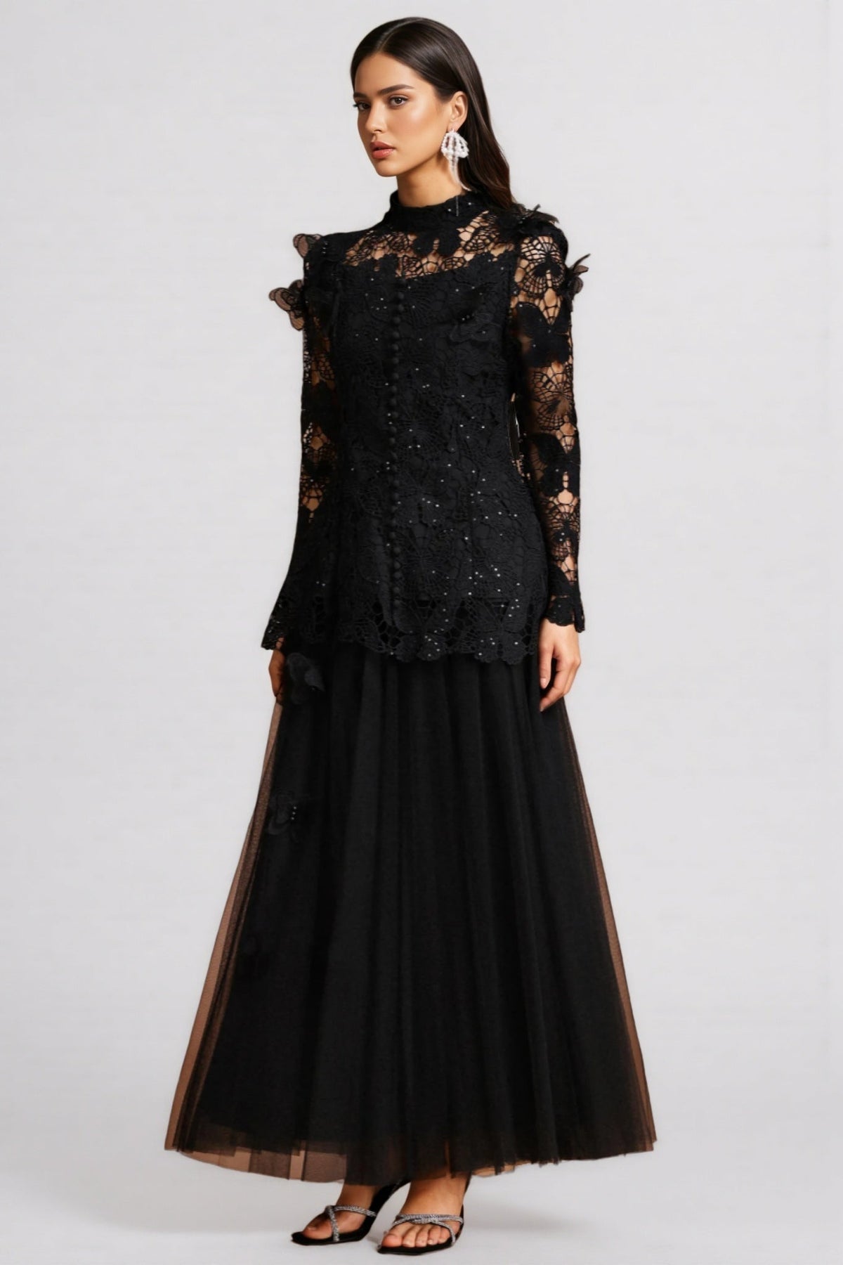 Gaki Long Sleeve Folds Lace Butterfly Maxi Dress Set - View 2