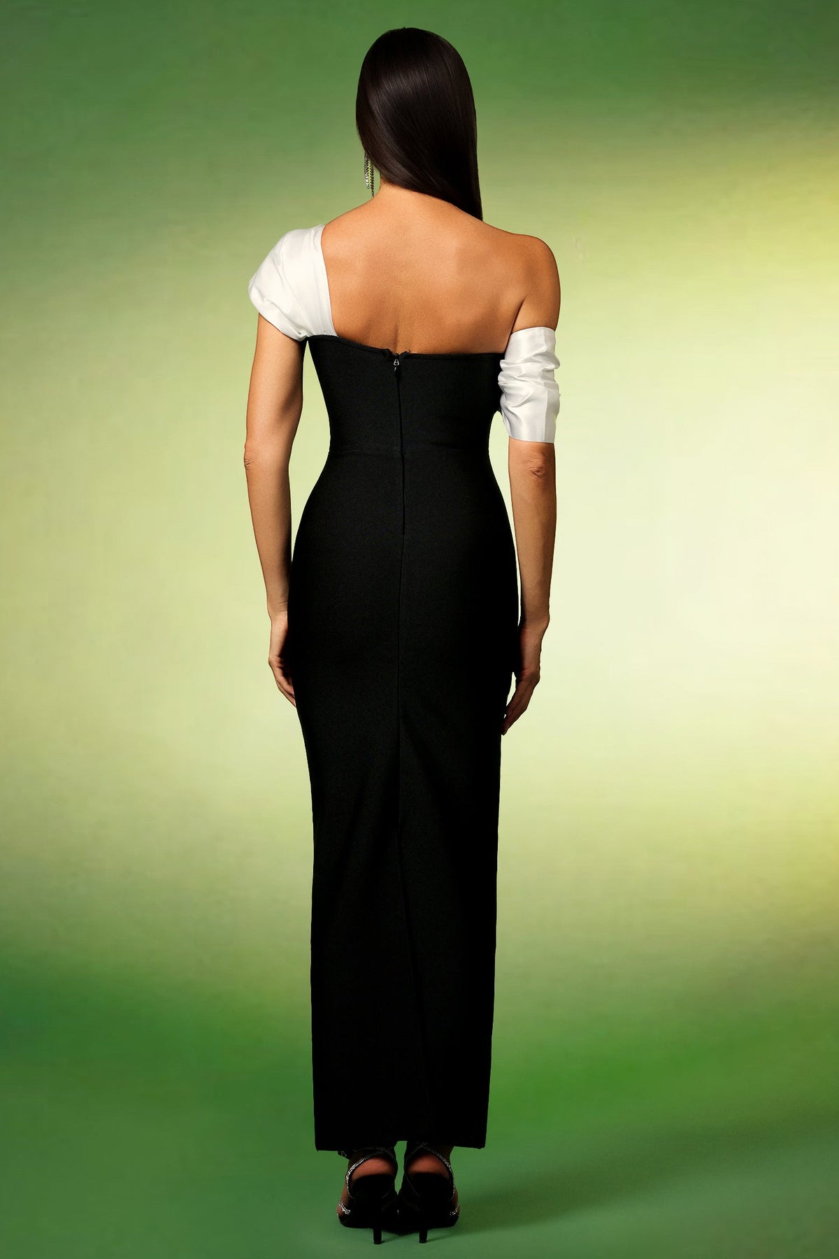 One Shoulder Ruffle Strap Rhinestone Brooch Column Maxi Gown - View 6