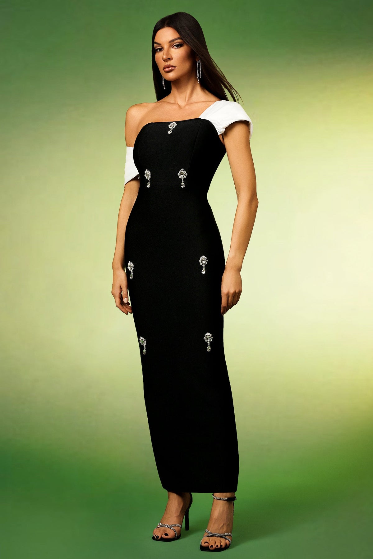 One Shoulder Ruffle Strap Rhinestone Brooch Column Maxi Gown - View 4