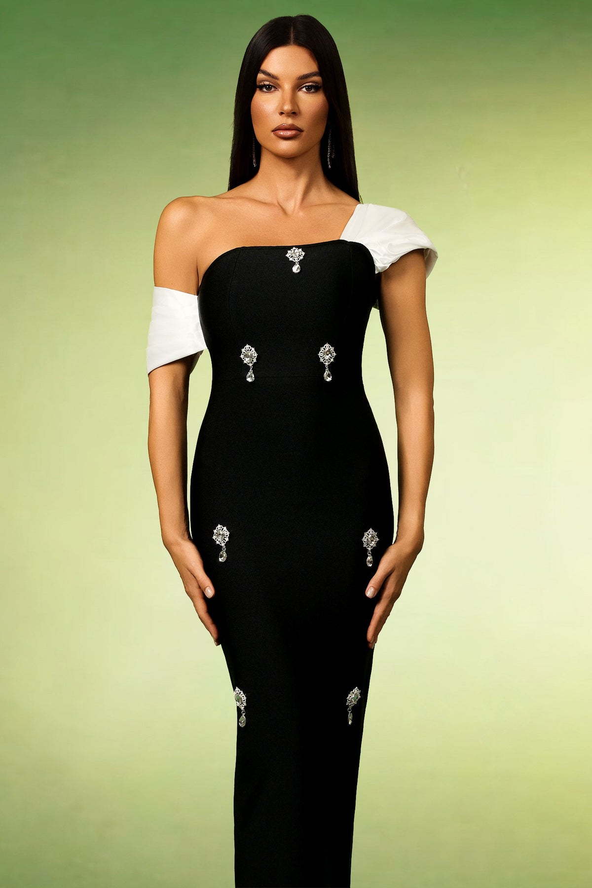 One Shoulder Ruffle Strap Rhinestone Brooch Column Maxi Gown - View 2