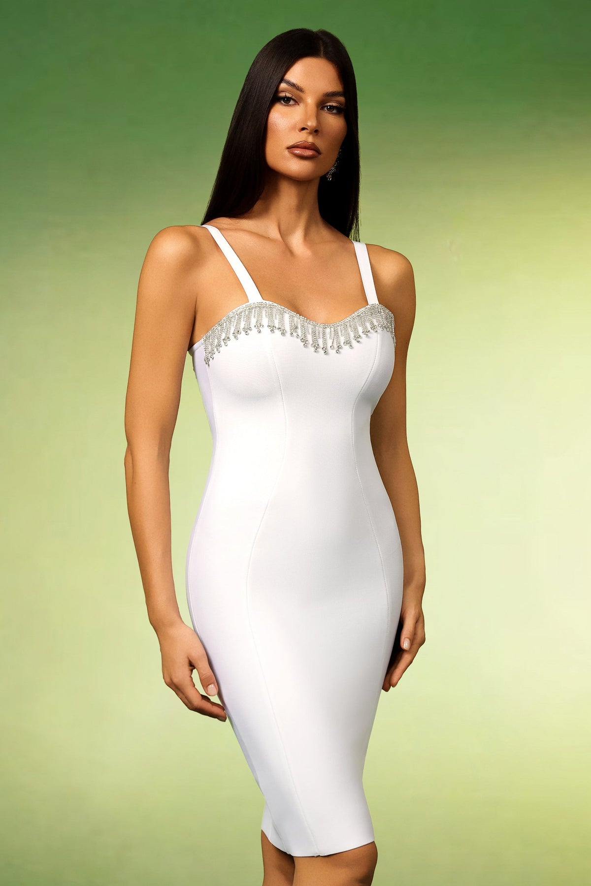 Sweetheart Rhinestone Fringe Bandage Midi Dress - View 4