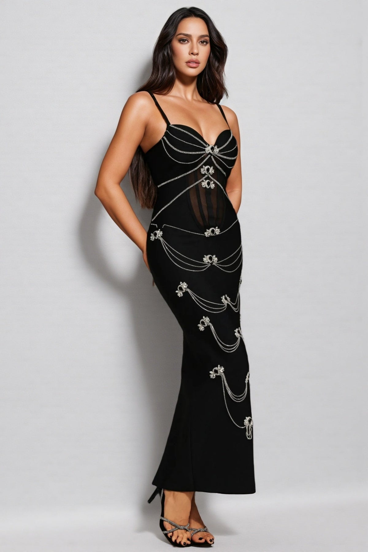 Bandage Sweetheart Chain Drape Rhinestone Brooch Mesh Maxi Dress - View 2