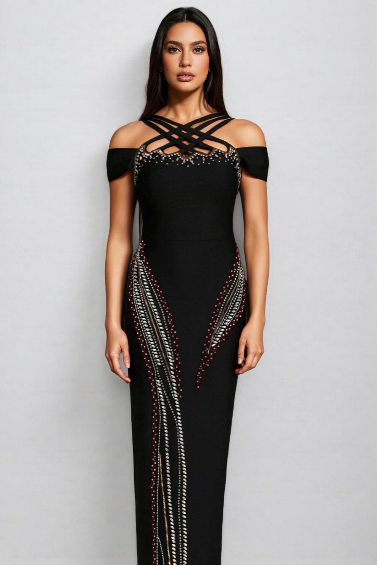 Bandage Off Shoulder Criss Cross Strap Rhinestone Trim Maxi Dress - View 4