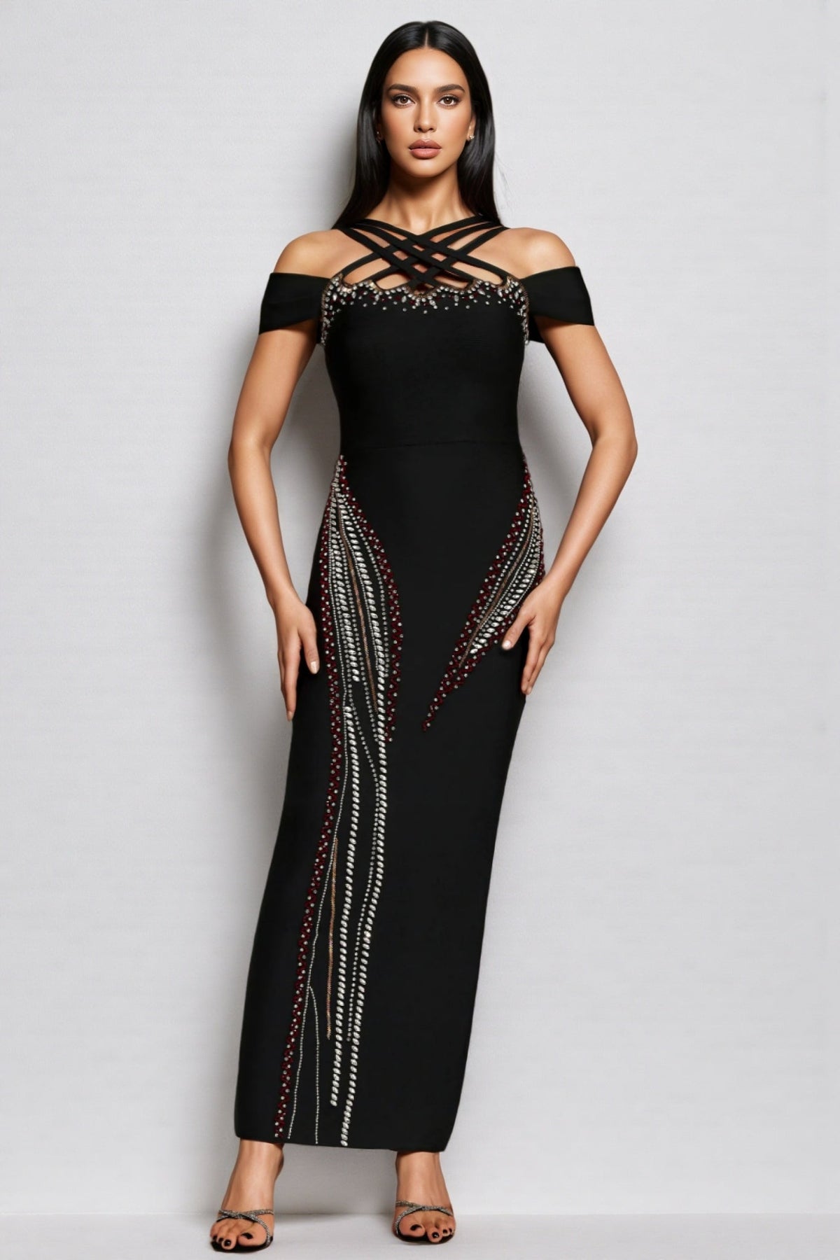 Bandage Off Shoulder Criss Cross Strap Rhinestone Trim Maxi Dress
