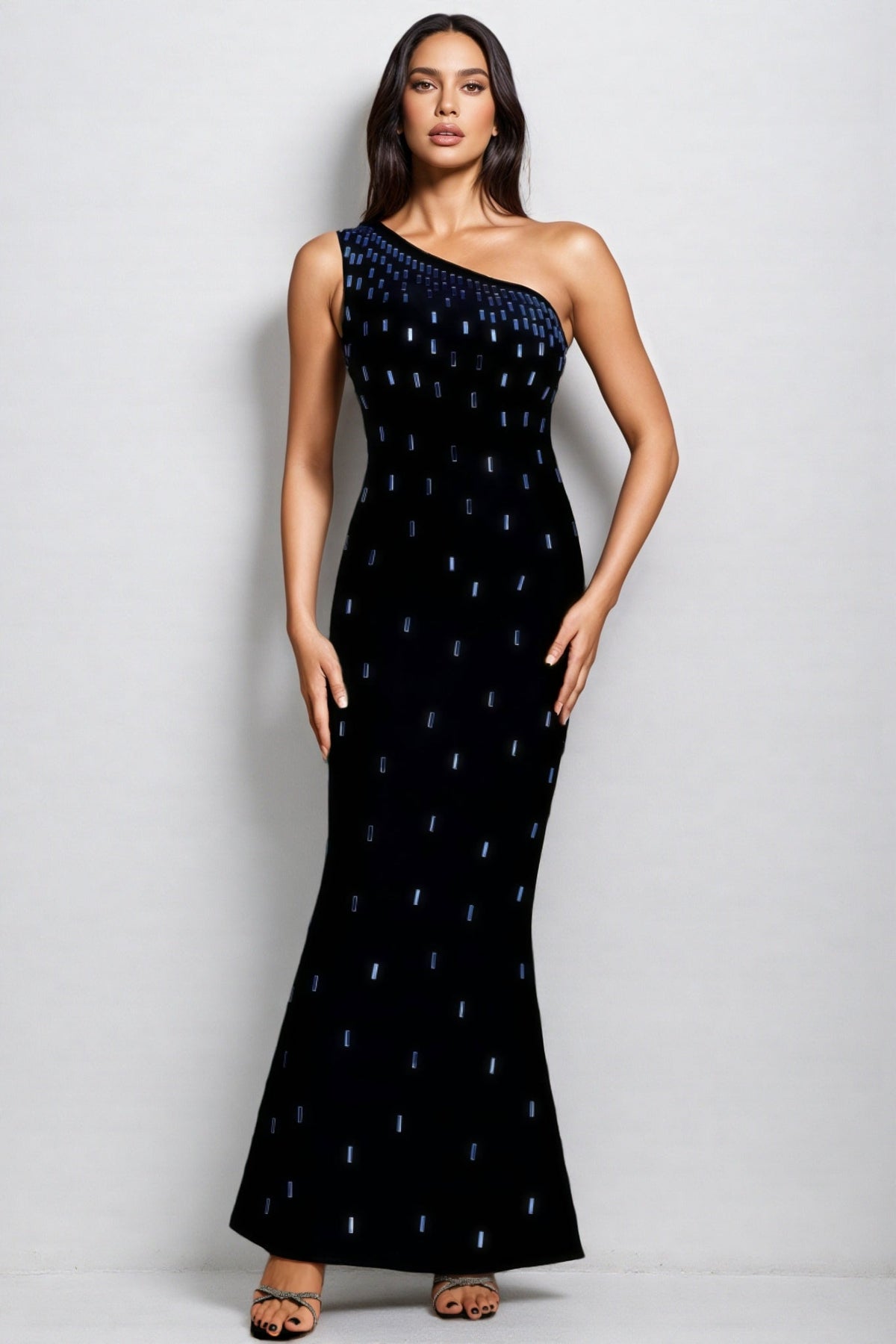Beaded One Shoulder Sleeveless Column Maxi Gown