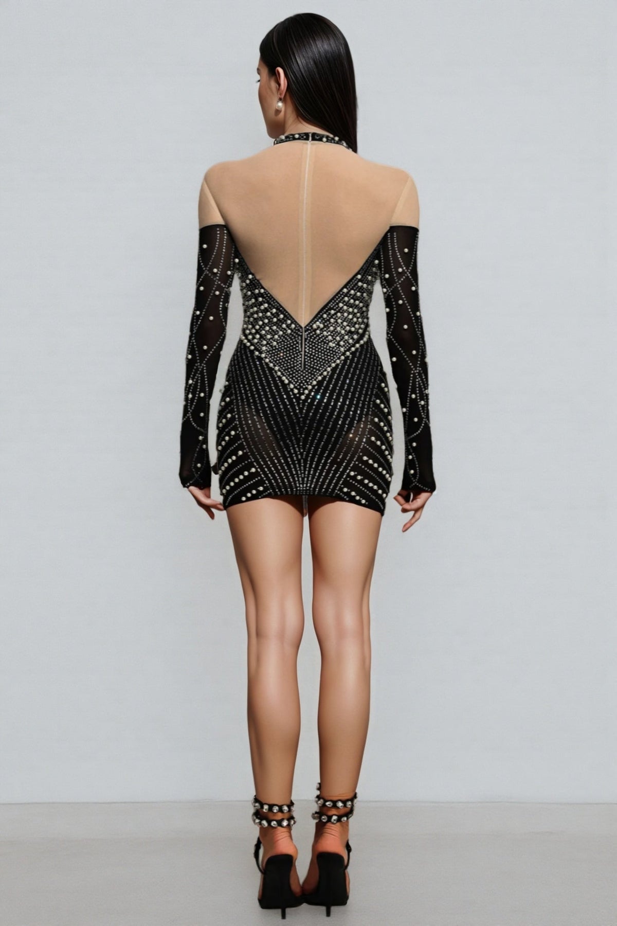 Pearl Rhinestone Illusion Mesh Mock Neck Bodycon Mini Dress - View 5