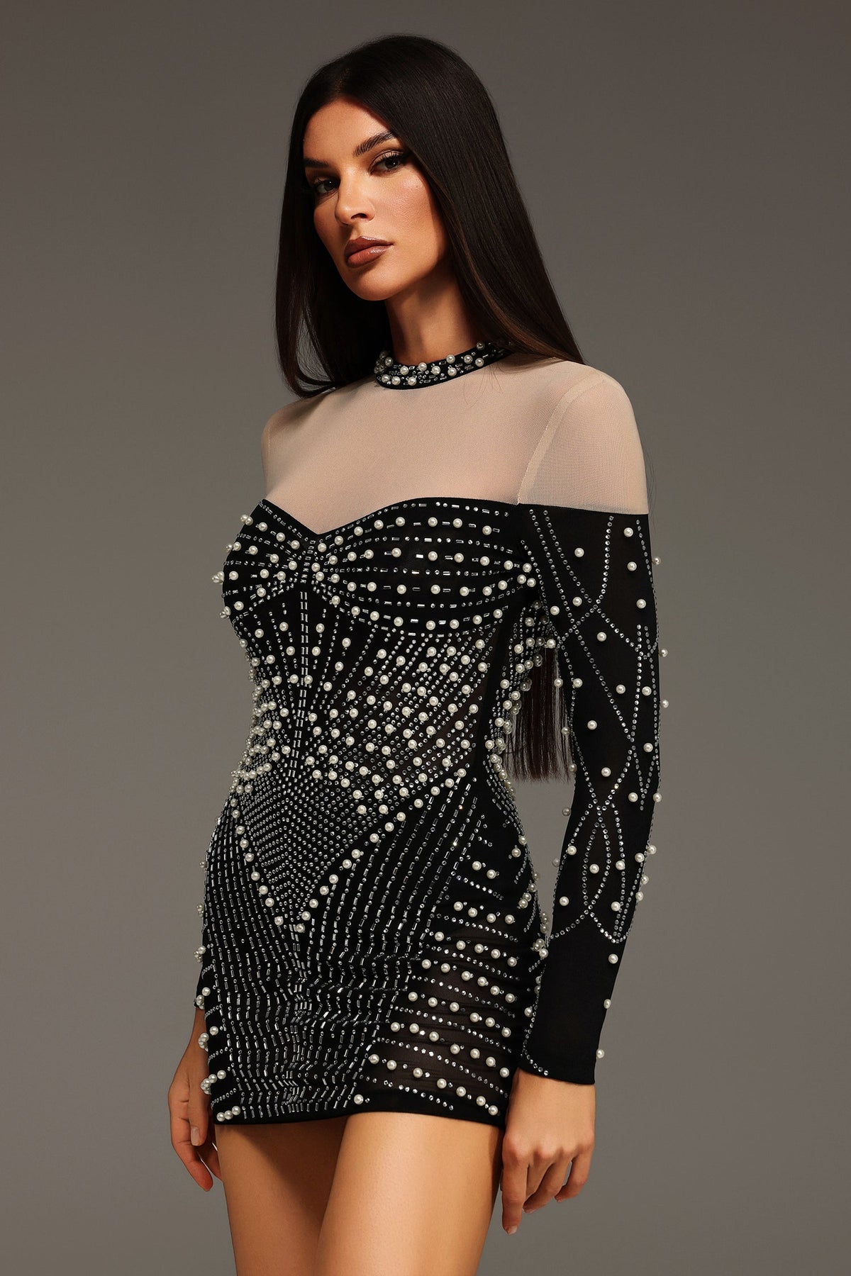 Long Sleeve Pearl Rhinestone Mesh Illusion Bodycon Mini Dress - View 4