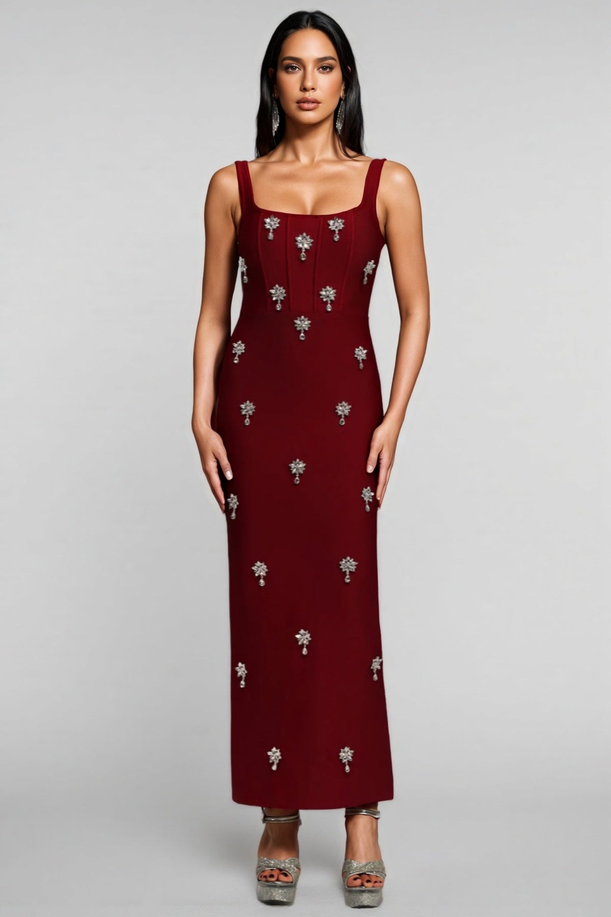 Crystal Starburst Embellished Square Neck Wide Bodycon Maxi Dress