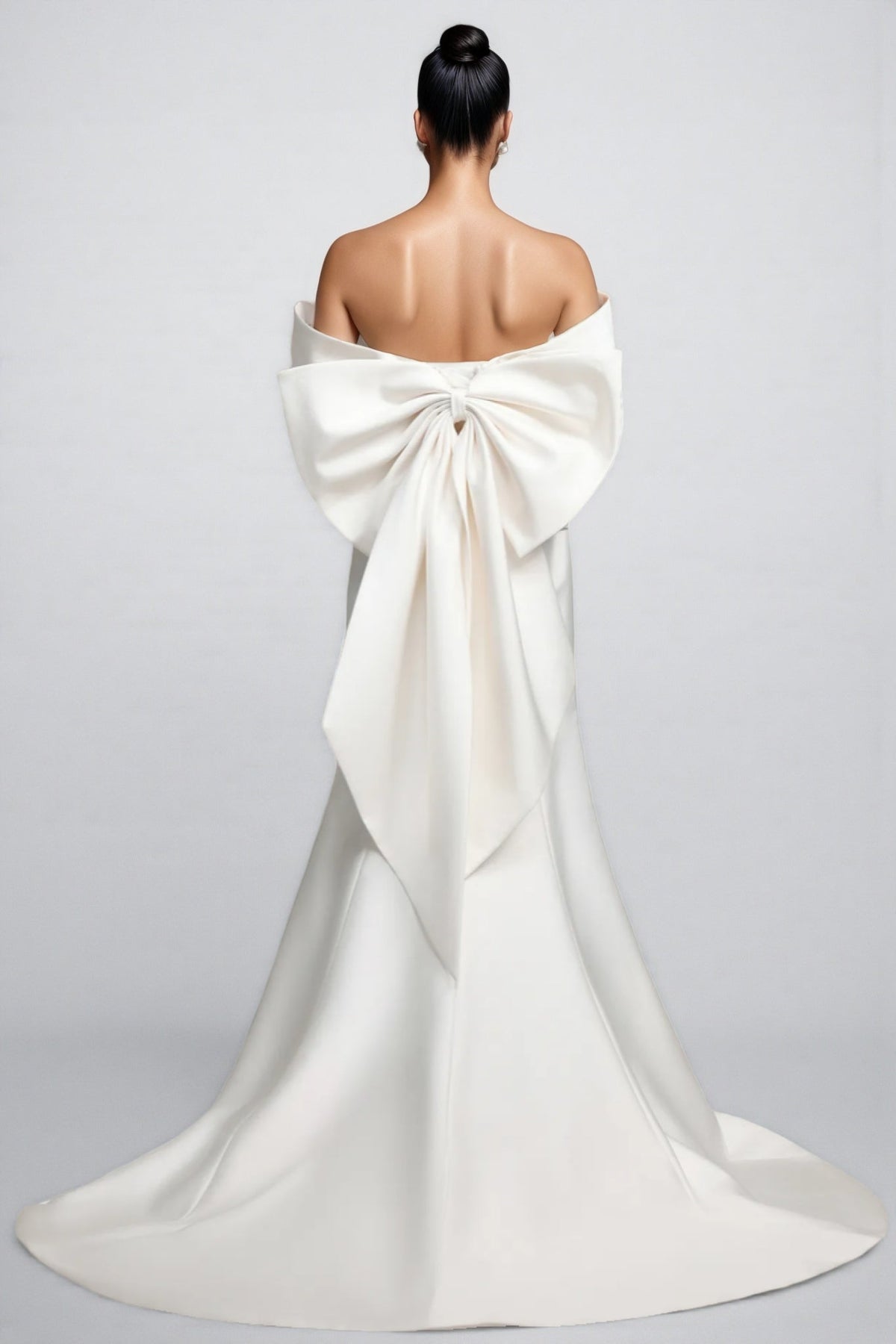 Satin Off Shoulder Architectural Bow Detail Mermaid Wedding Maxi Gown - View 3
