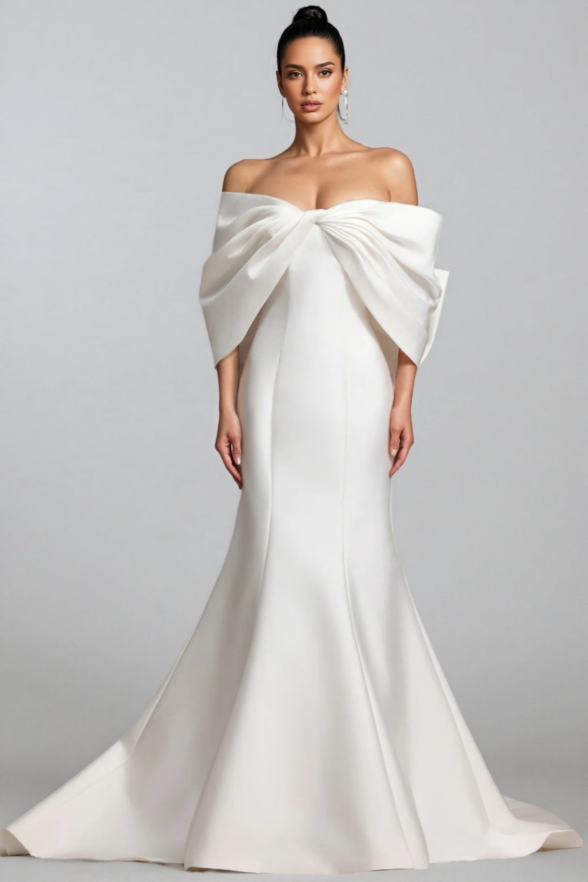 Satin Off Shoulder Architectural Bow Detail Mermaid Wedding Maxi Gown