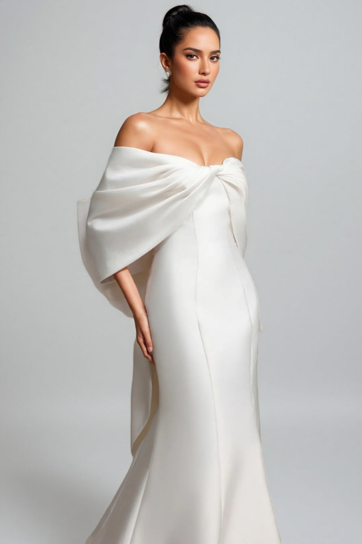 Satin Off Shoulder Architectural Bow Detail Mermaid Wedding Maxi Gown - View 5