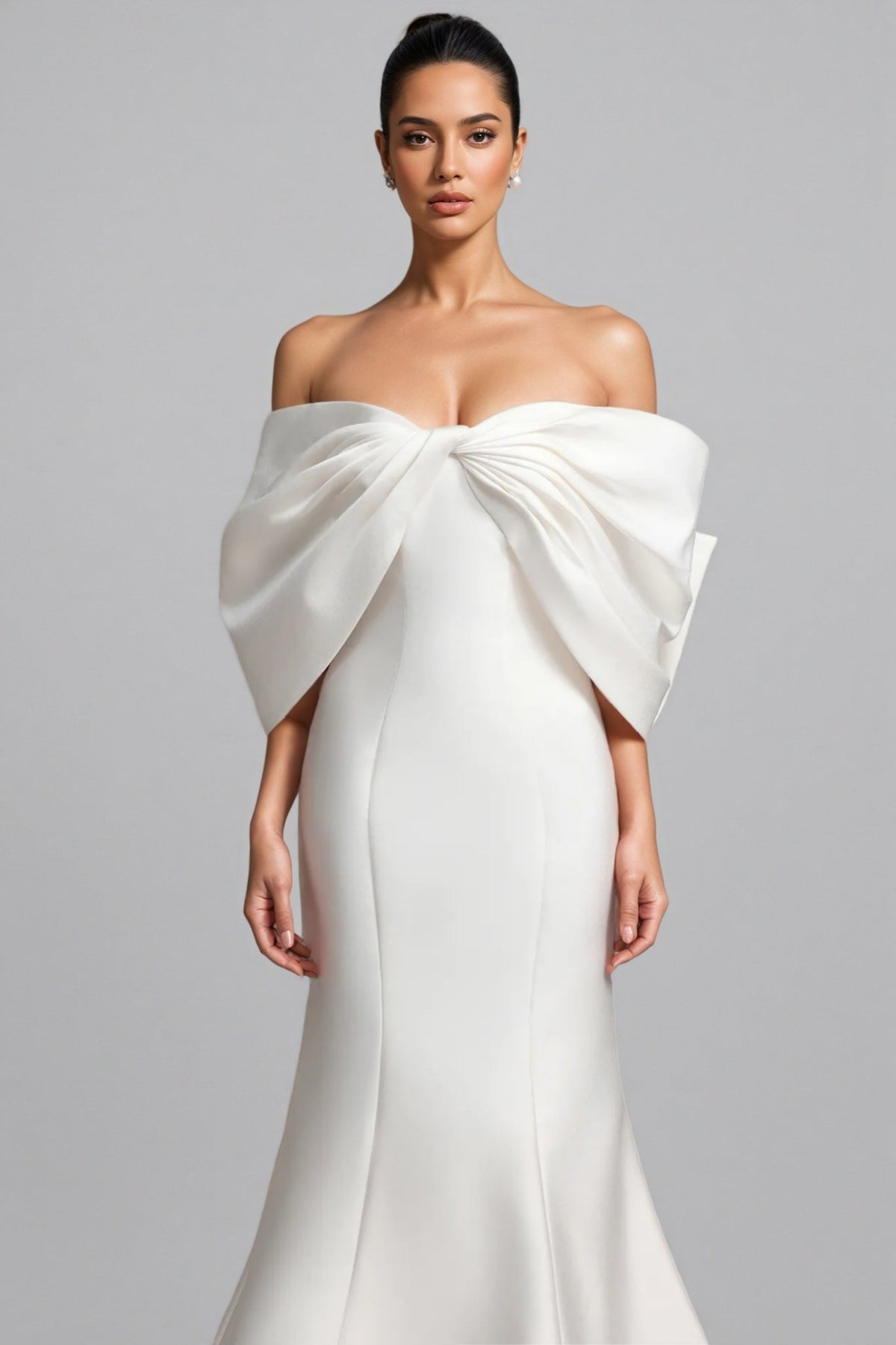 Satin Off Shoulder Architectural Bow Detail Mermaid Wedding Maxi Gown - View 4