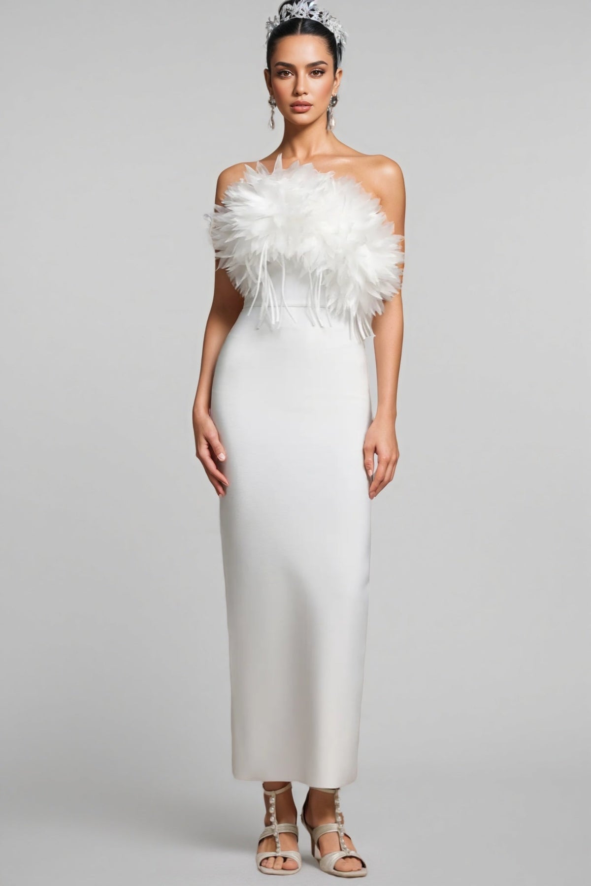 Feather Trim Strapless Column Bodycon Maxi Gown - View 4